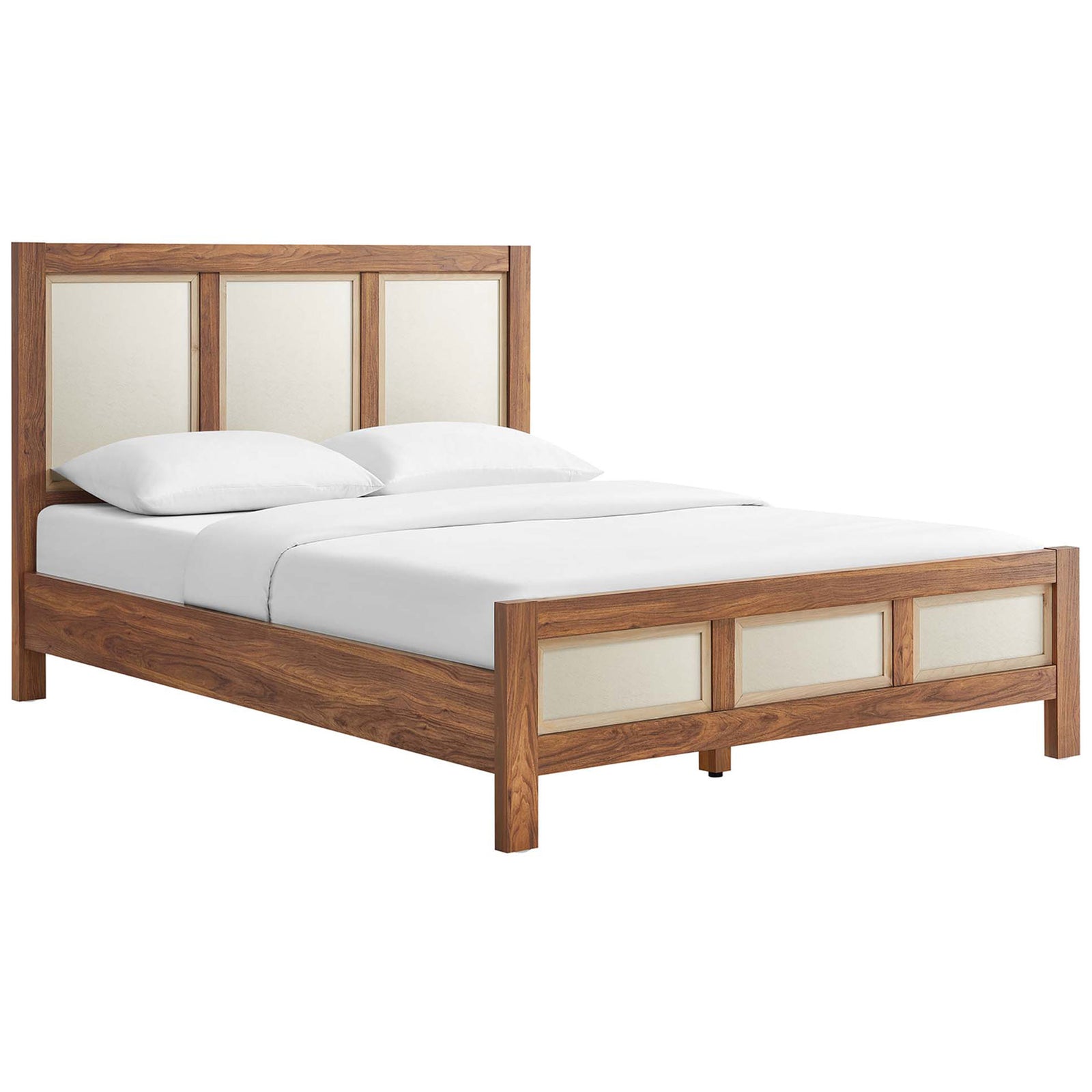 Walnut wood grain bed with linen-textured panel headboard and footboard, clean lines, and airy modern feel || MOD-7119-WAL || front_angle_studio