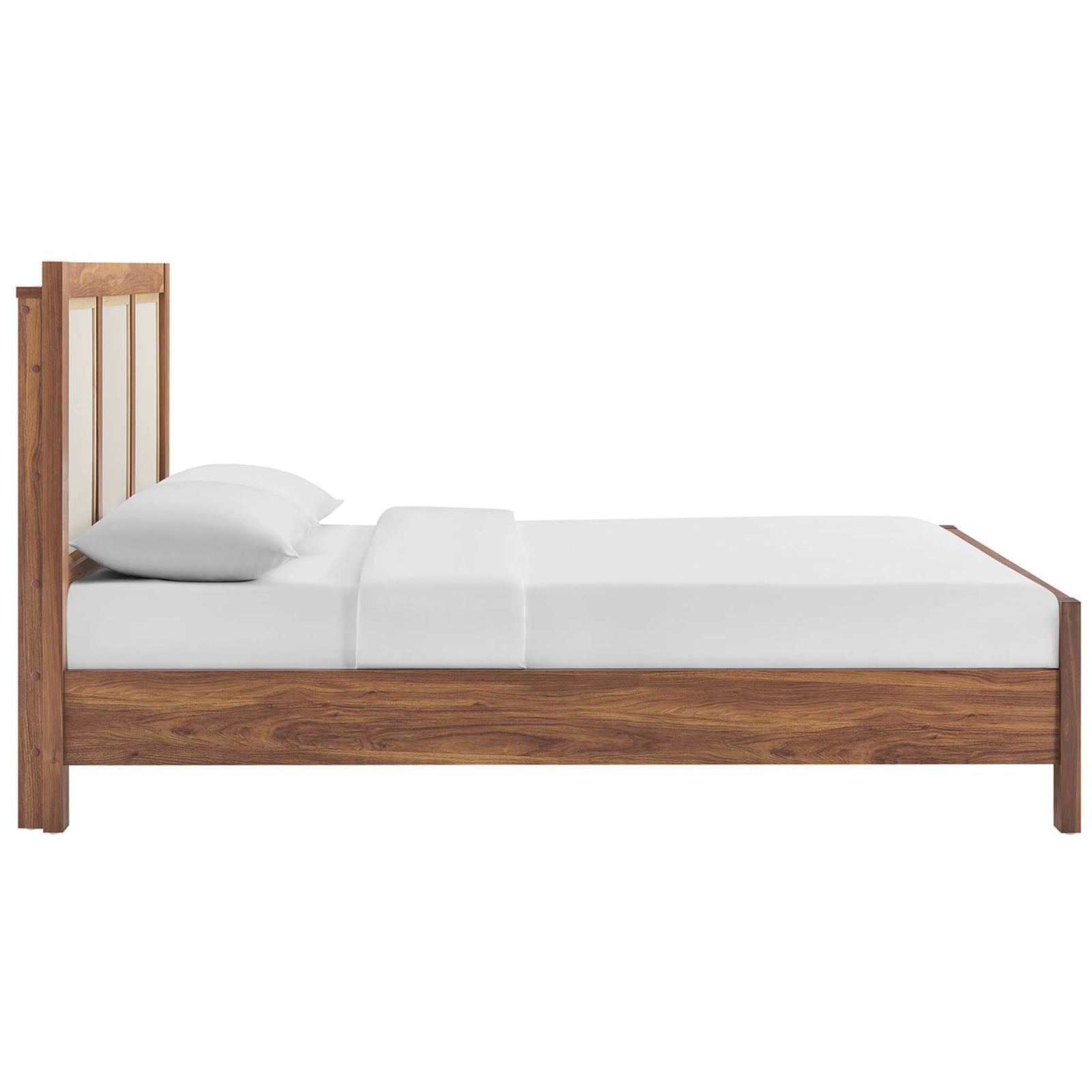 Low, streamlined silhouette highlights rich walnut grain and tailored linen-textured panels || MOD-7119-WAL || side_studio