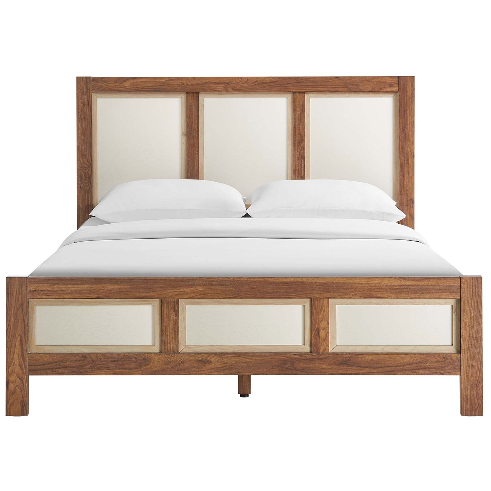 Walnut bed showcases three-paneled headboard with matching footboard inserts and clean, modern lines || MOD-7119-WAL || front_studio