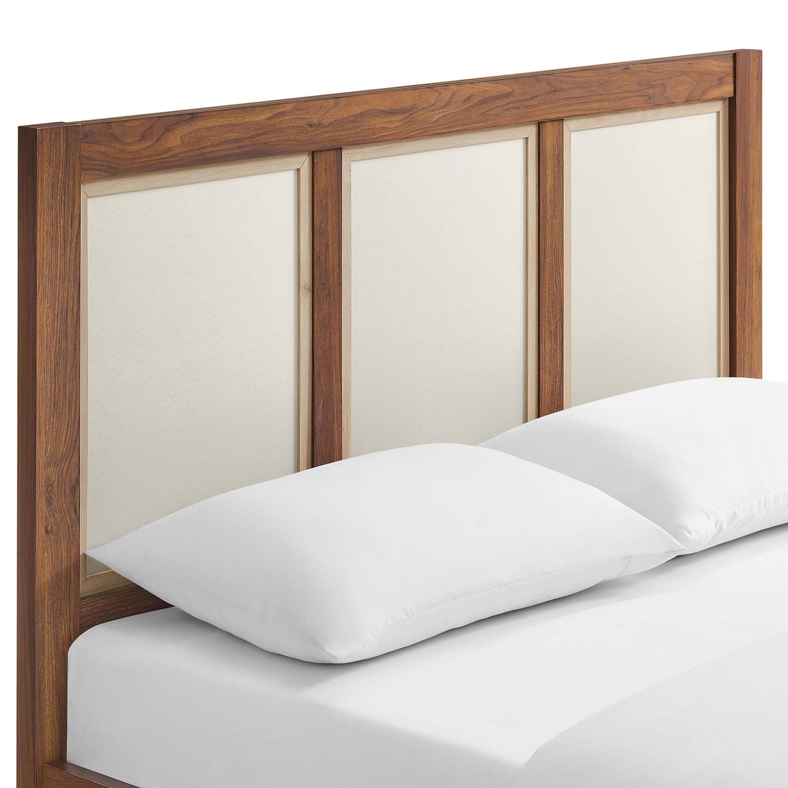 Linen-textured headboard panels framed in warm walnut wood grain for a soft, modern contrast || MOD-7119-WAL || detail_studio