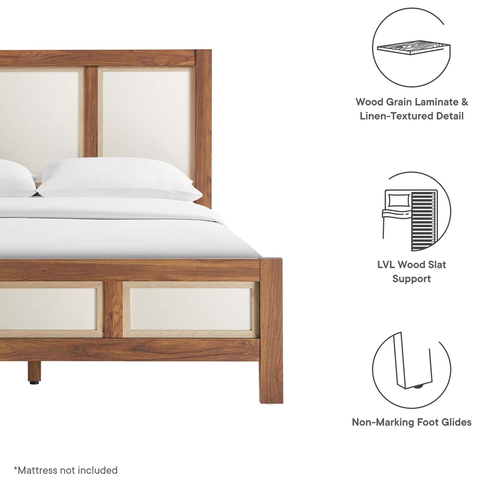 Feature callouts highlight wood grain laminate, LVL slat support, and non-marking foot glides || MOD-7119-WAL || callout_studio