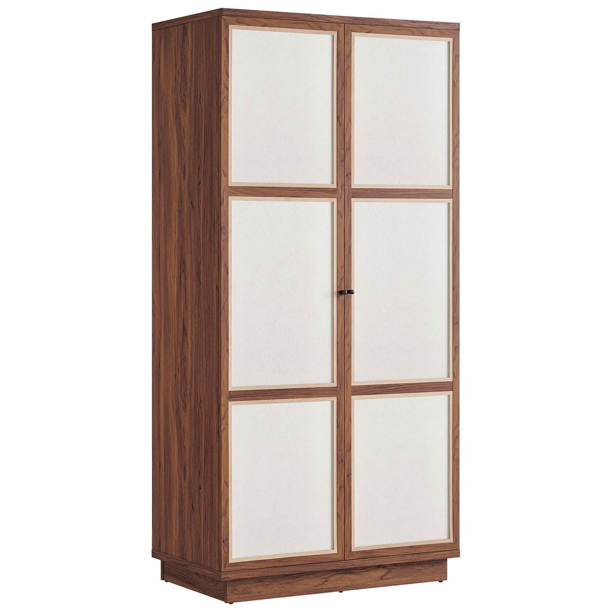 Walnut Capri wardrobe shown closed, offering sleek linen-look doors for concealed vertical storage || MOD-7156-WAL || front_angle_studio