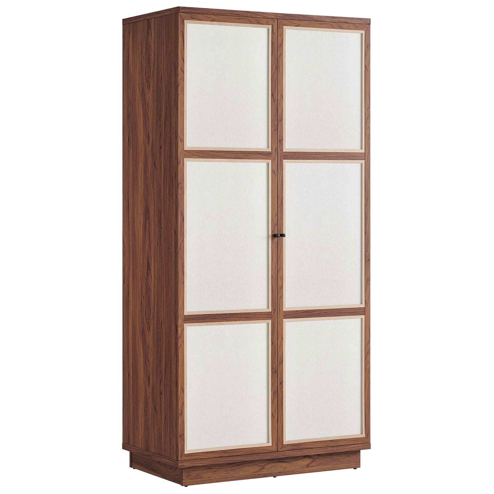 Walnut Capri wardrobe shown closed, offering sleek linen-look doors for concealed vertical storage || MOD-7156-WAL || front_angle_studio