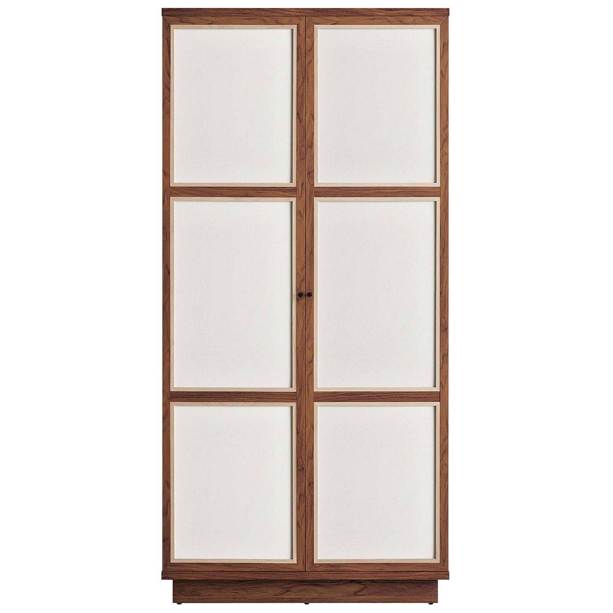 Tall Capri wardrobe cabinet with six linen-textured panels and warm walnut wood grain finish || MOD-7156-WAL || front_studio