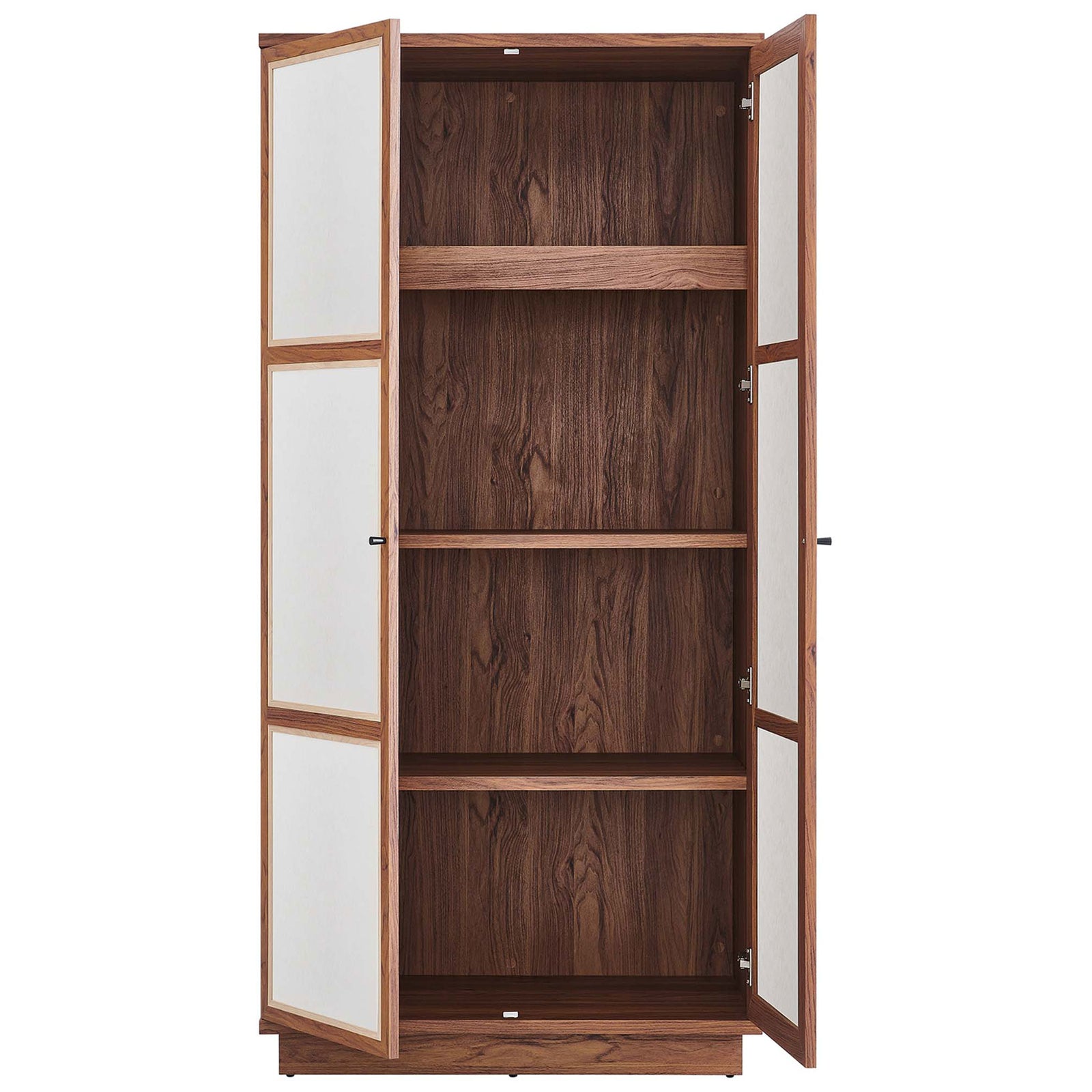 Capri storage cabinet with both tall doors open to reveal three spacious wood grain shelves || MOD-7156-WAL || front_open_studio