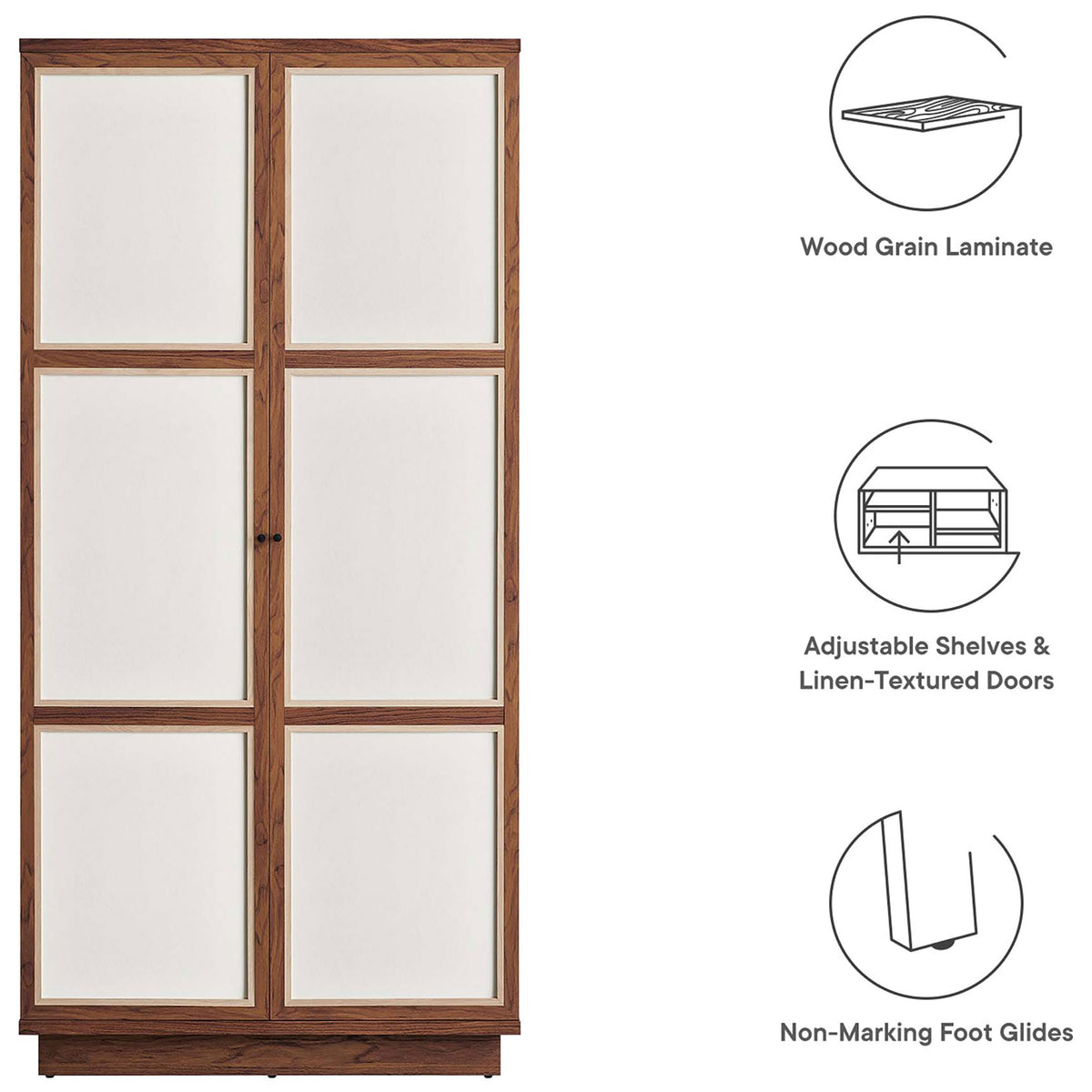 Feature graphic of Capri wardrobe highlighting wood grain laminate, adjustable shelves, and protective glides || MOD-7156-WAL || callout_studio