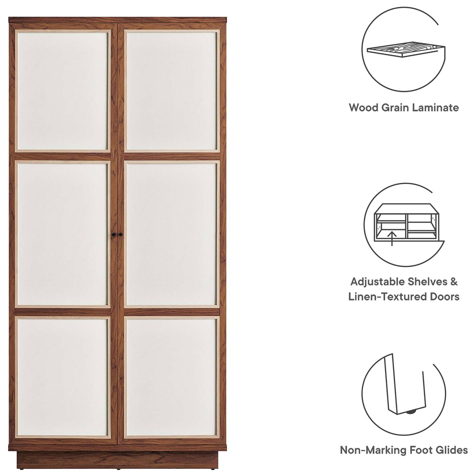 Feature graphic of Capri wardrobe highlighting wood grain laminate, adjustable shelves, and protective glides || MOD-7156-WAL || callout_studio