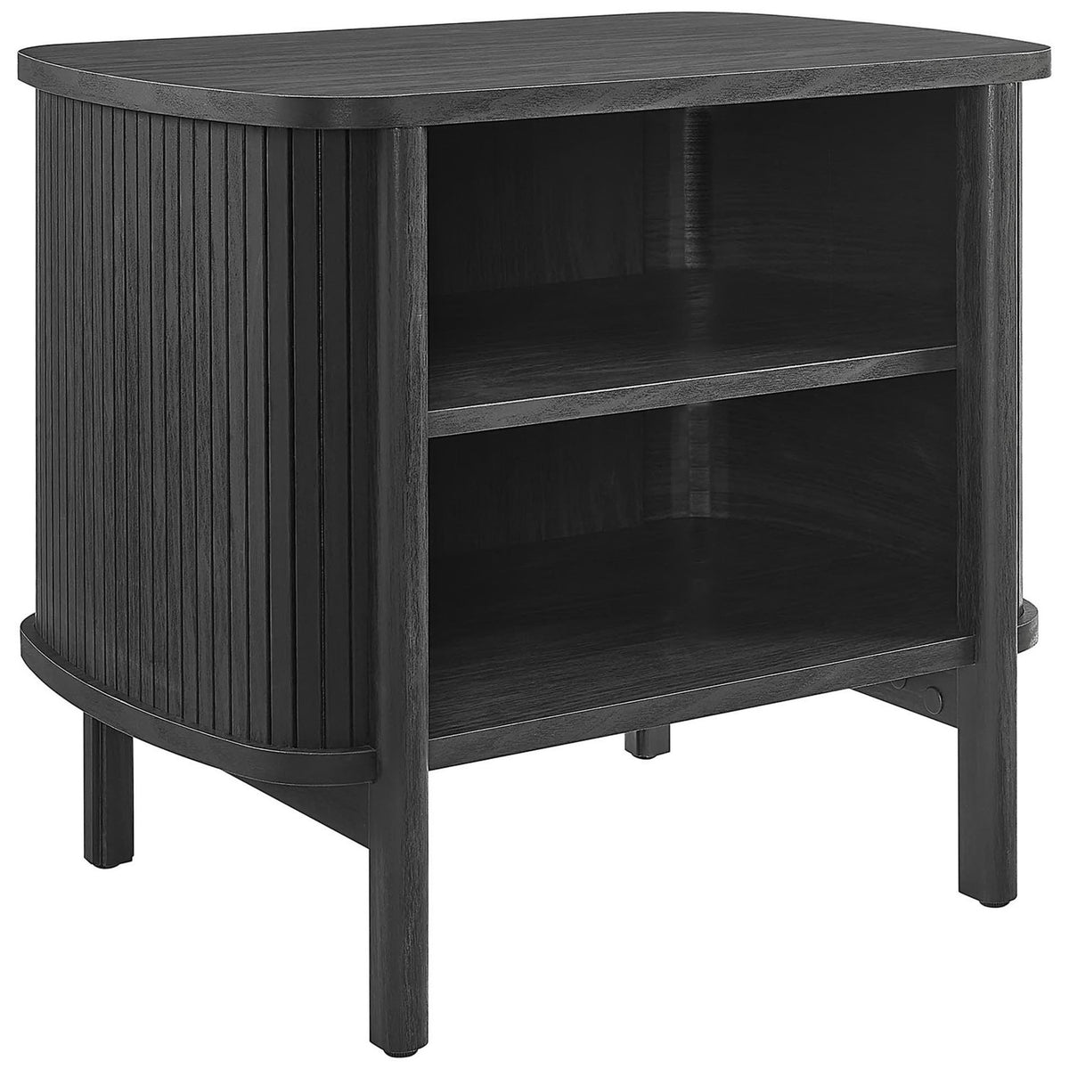 Curved black nightstand showcasing fluted sides and open shelving for books, decor, and essentials || MOD-7157-BLK || front_angle_studio