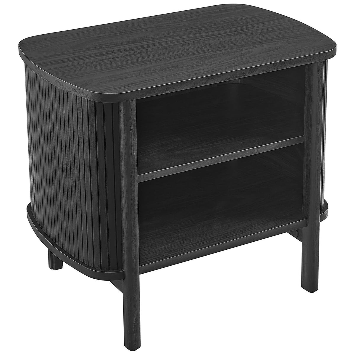 Black wood grain tabletop and dual open shelves creating a sleek modern nightstand silhouette || MOD-7157-BLK || top_angle_studio
