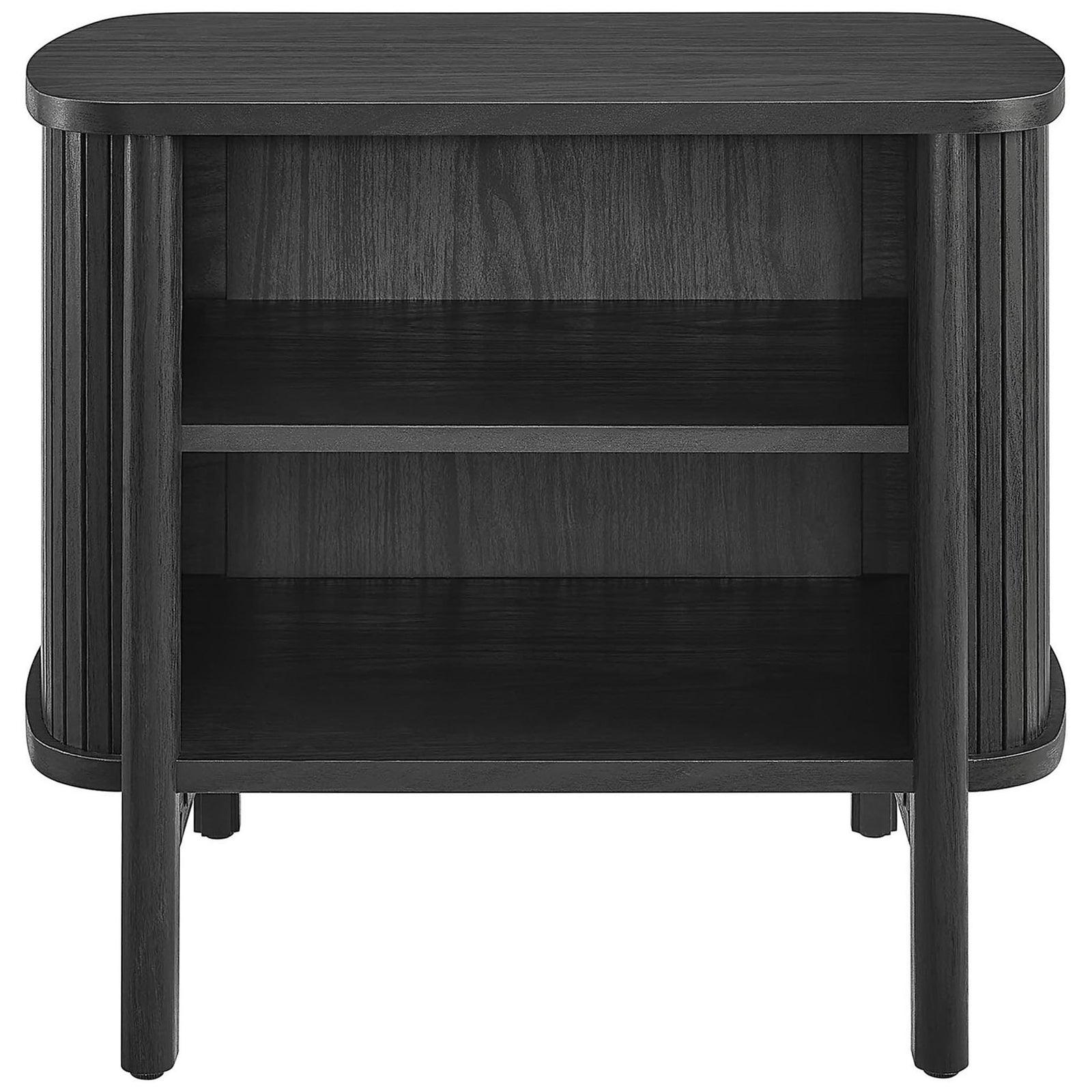 Black fluted nightstand with rounded corners and two spacious open shelves for bedside storage || MOD-7157-BLK || front_studio
