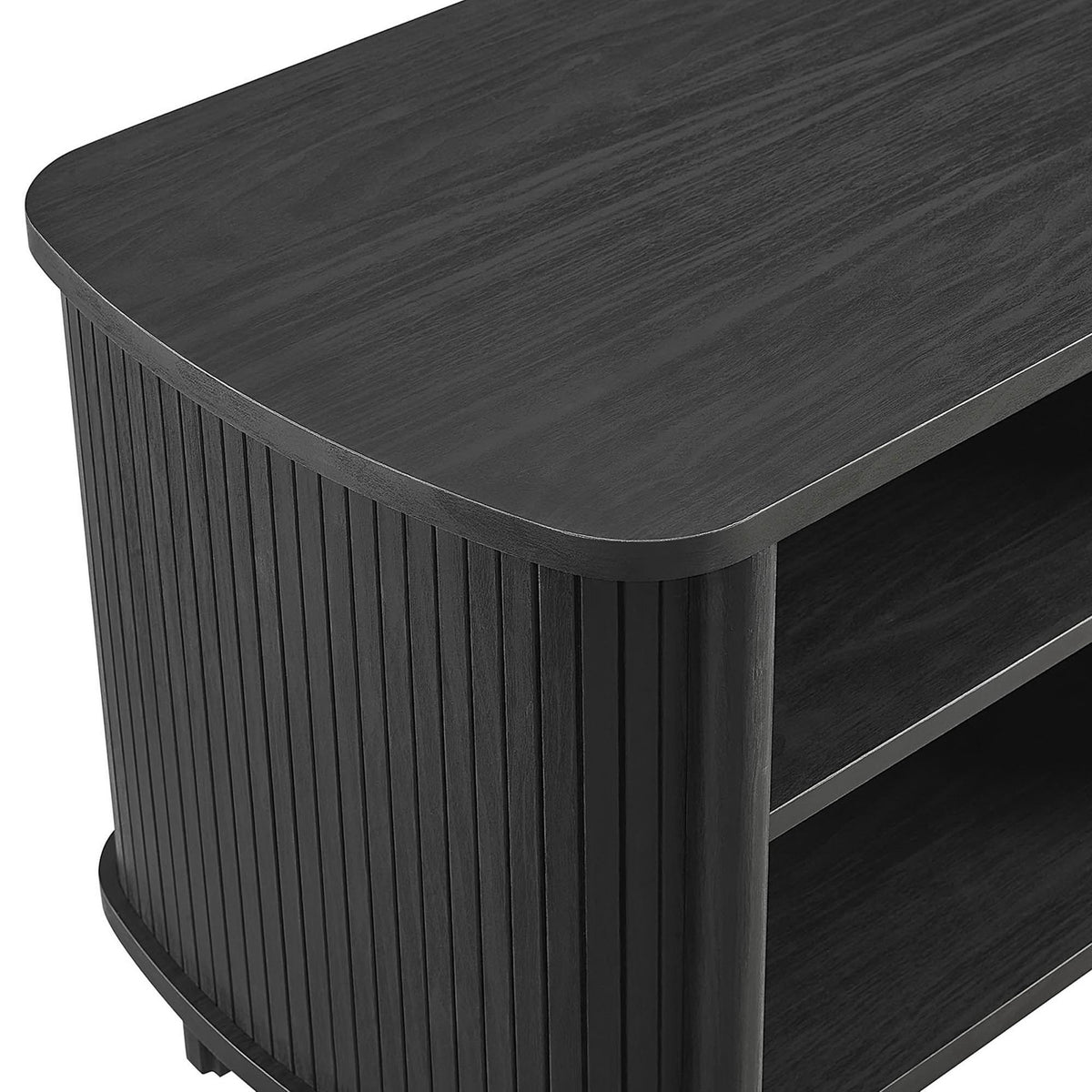 Detail of the black wood grain top and rounded edge meeting the vertical fluted side panels || MOD-7157-BLK || detail_studio