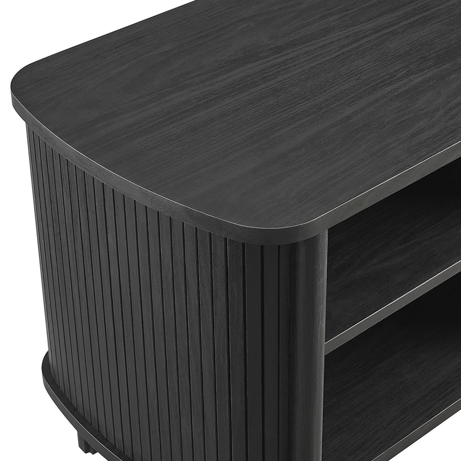 Detail of the black wood grain top and rounded edge meeting the vertical fluted side panels || MOD-7157-BLK || detail_studio