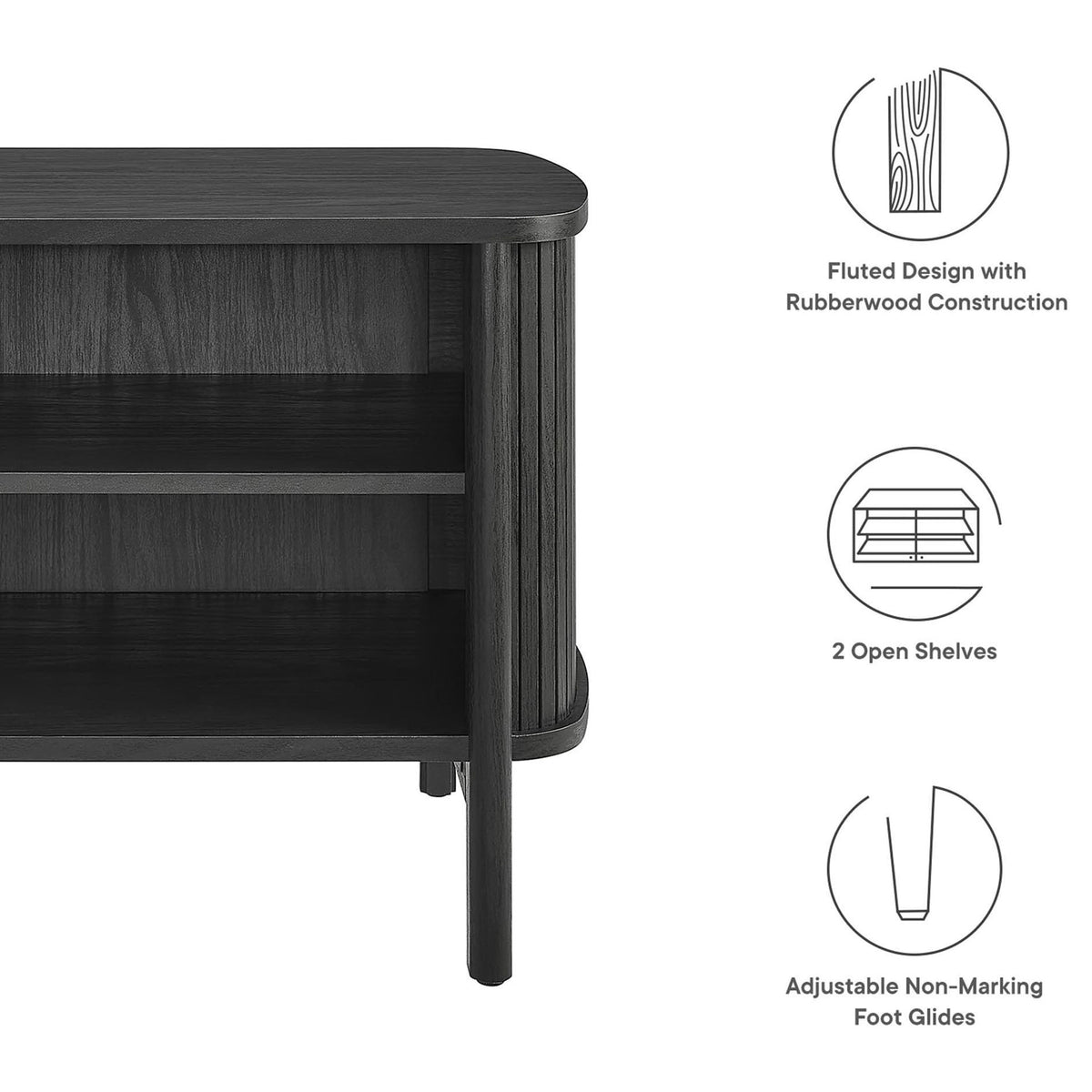 Feature graphic highlighting the nightstand's fluted design, two open shelves, and adjustable foot glides || MOD-7157-BLK || callout_studio