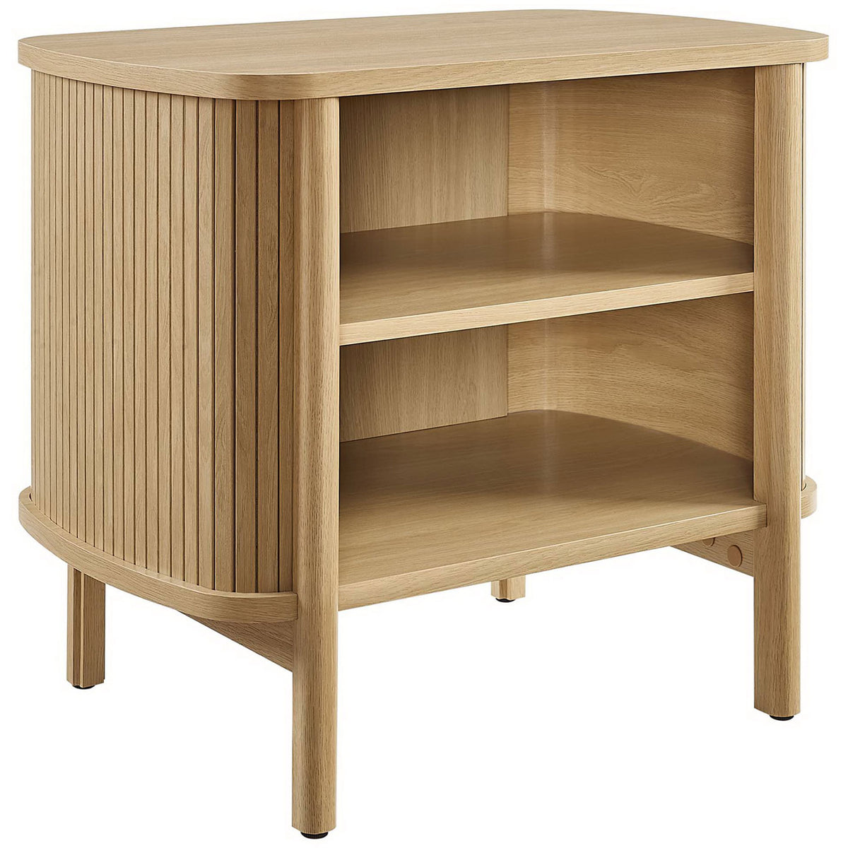 Cadence oak nightstand with rounded corners, fluted sides, and two open shelves for modern bedside storage || MOD-7157-OAK || front_angle_studio