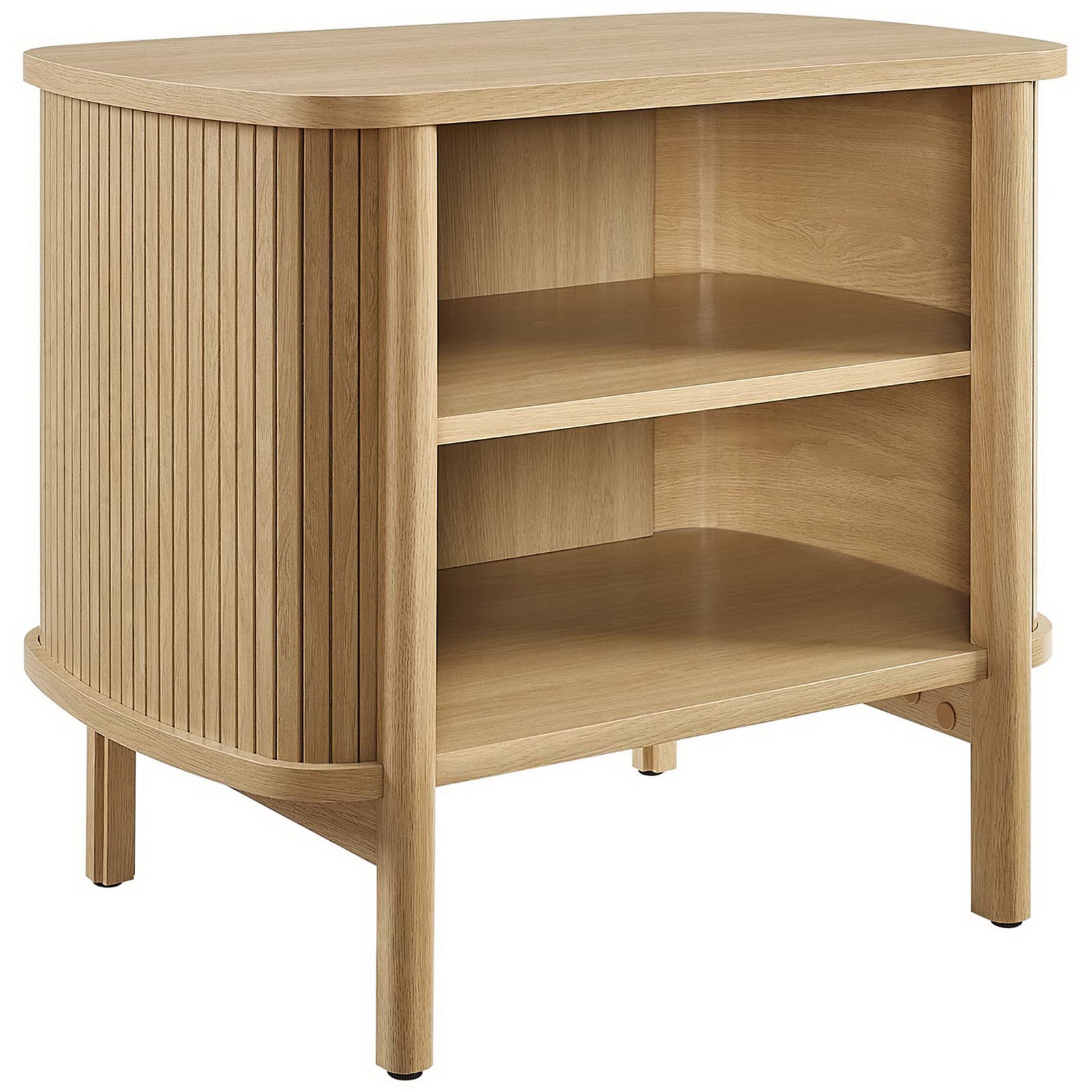 Cadence oak nightstand with rounded corners, fluted sides, and two open shelves for modern bedside storage || MOD-7157-OAK || front_angle_studio