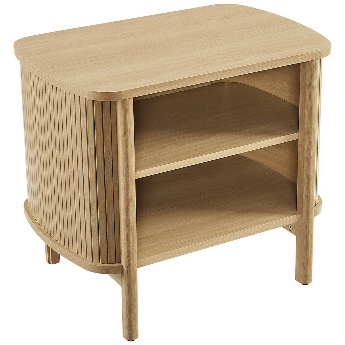 Oak nightstand with smooth rounded tabletop, open shelving, and curved fluted base for airy, organic storage || MOD-7157-OAK || top_angle_studio