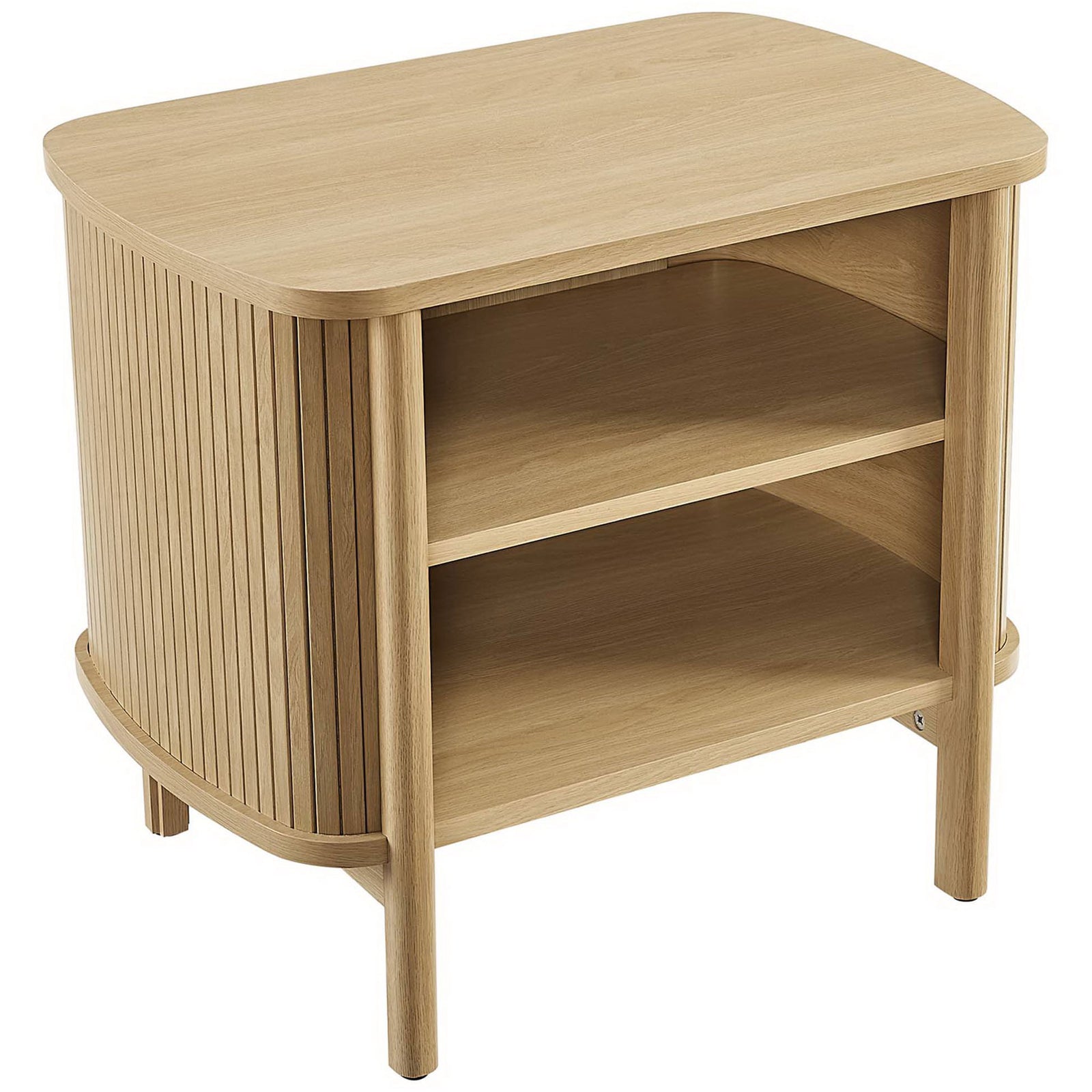 Oak nightstand with smooth rounded tabletop, open shelving, and curved fluted base for airy, organic storage || MOD-7157-OAK || top_angle_studio