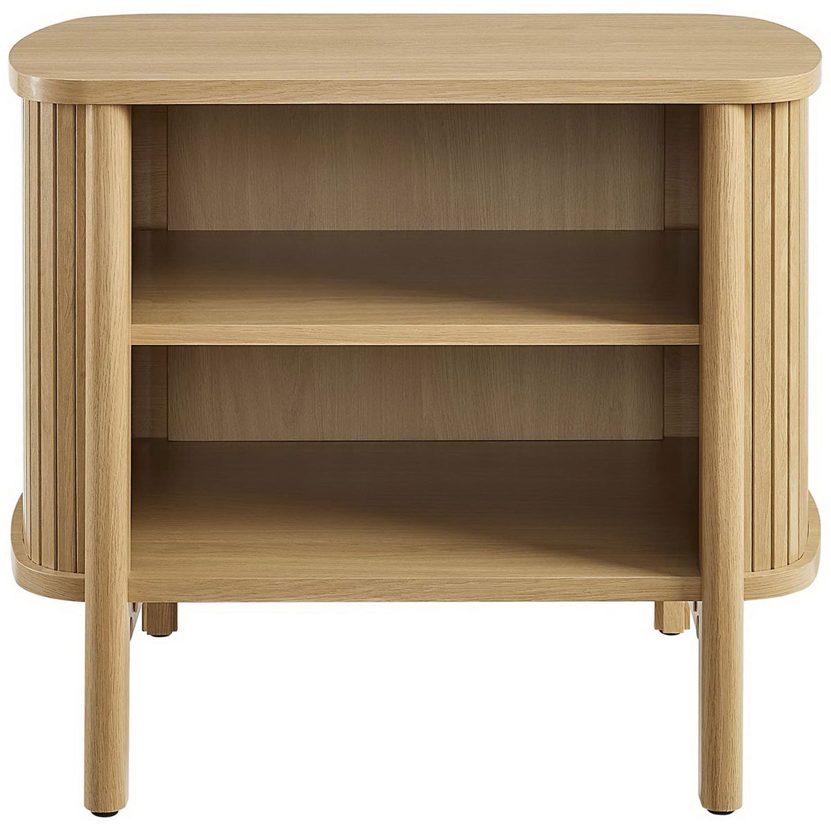 Cadence oak nightstand with two spacious open shelves and fluted posts bringing a light, modern look to the room || MOD-7157-OAK || front_studio