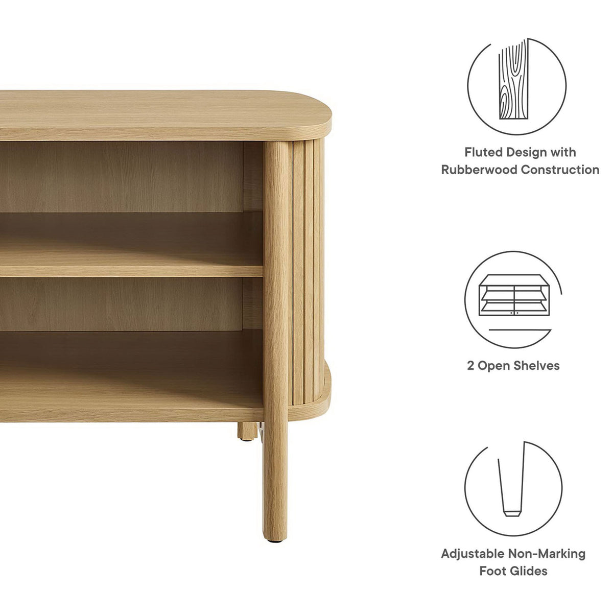 Feature highlights of the Cadence oak nightstand showing fluted design, two open shelves, and adjustable foot glides || MOD-7157-OAK || callout_studio