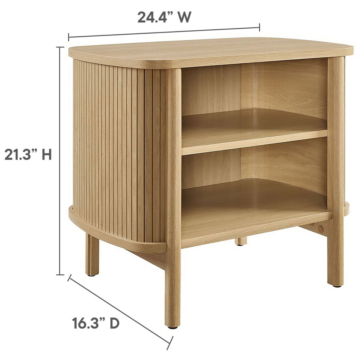 Dimension overview of the Cadence oak nightstand with rounded corners and two open shelves for compact bedside storage || MOD-7157-OAK || dimension_studio