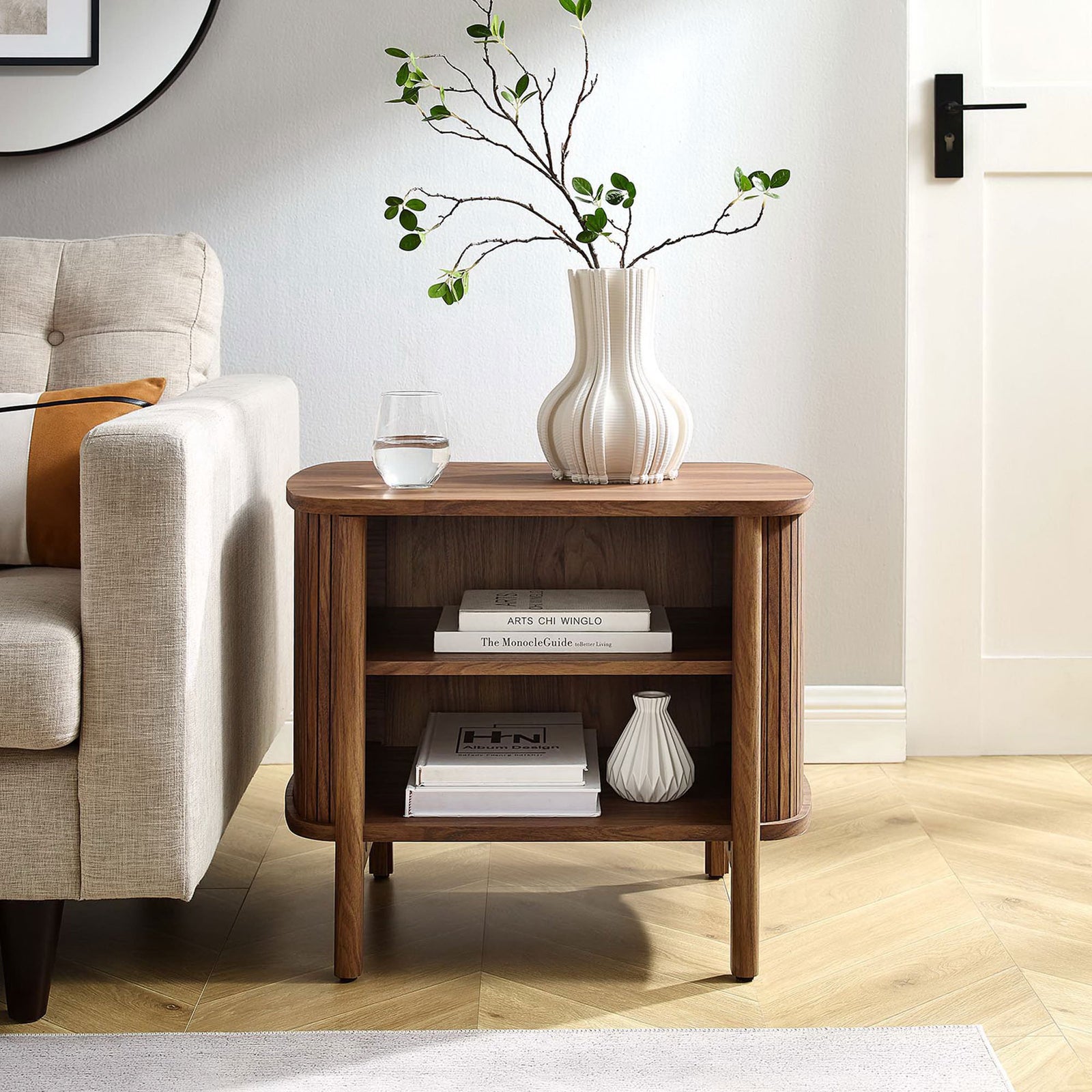Walnut nightstand used as a side table beside a sofa, showing versatile open storage for decor || MOD-7157-WAL || front_angle_room