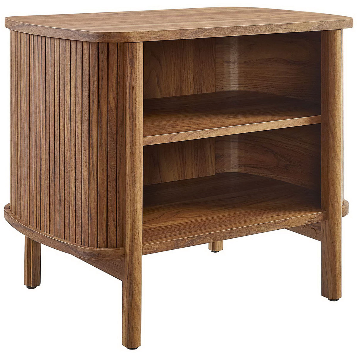 Walnut open nightstand with fluted sides and two spacious shelves for books and decor || MOD-7157-WAL || front_angle_studio