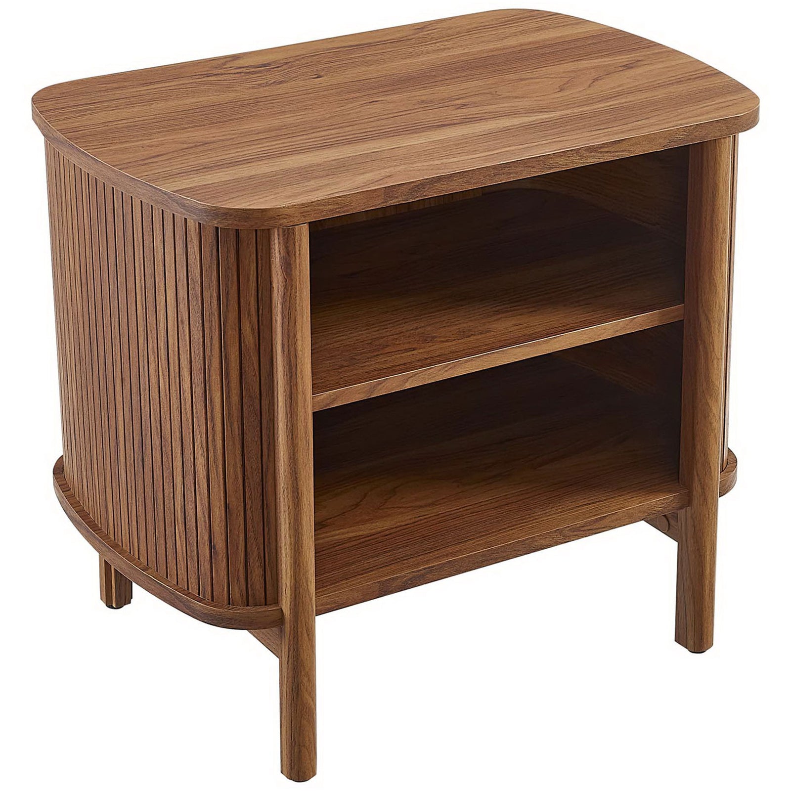 Rounded walnut tabletop nightstand with smooth wood grain and open shelving beneath || MOD-7157-WAL || top_angle_studio