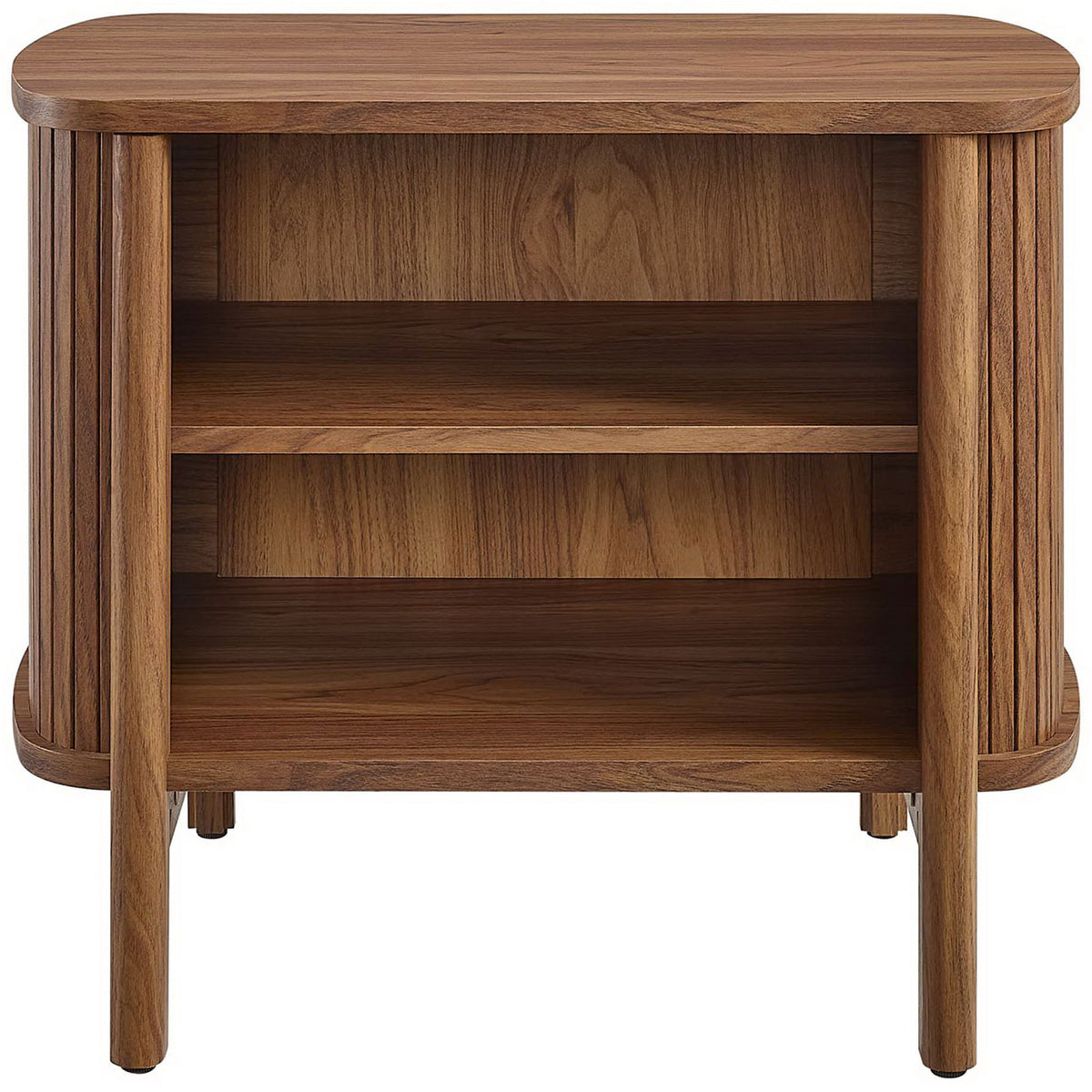Cadence walnut nightstand with dual open shelves and softly rounded boho silhouette || MOD-7157-WAL || front_studio