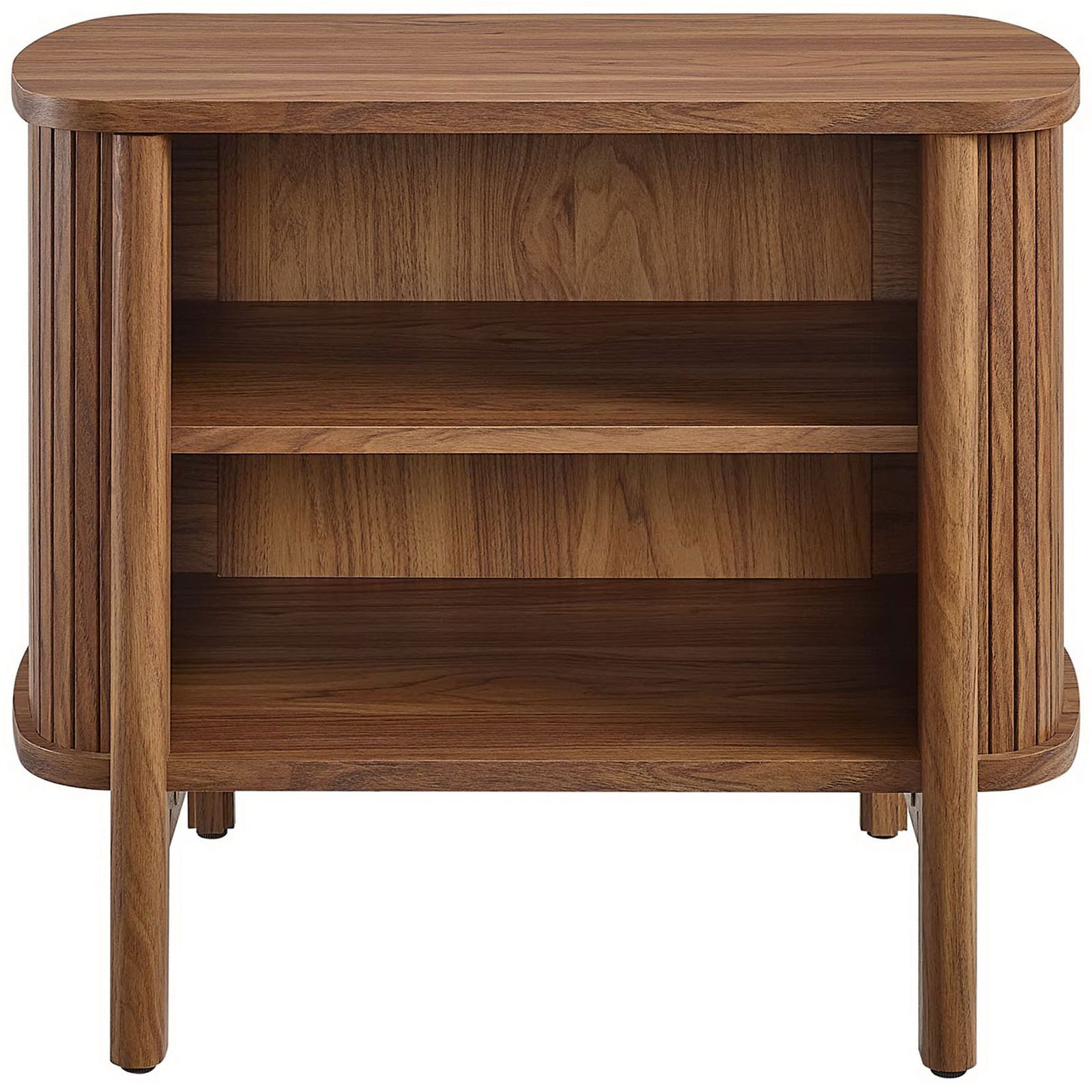 Cadence walnut nightstand with dual open shelves and softly rounded boho silhouette || MOD-7157-WAL || front_studio