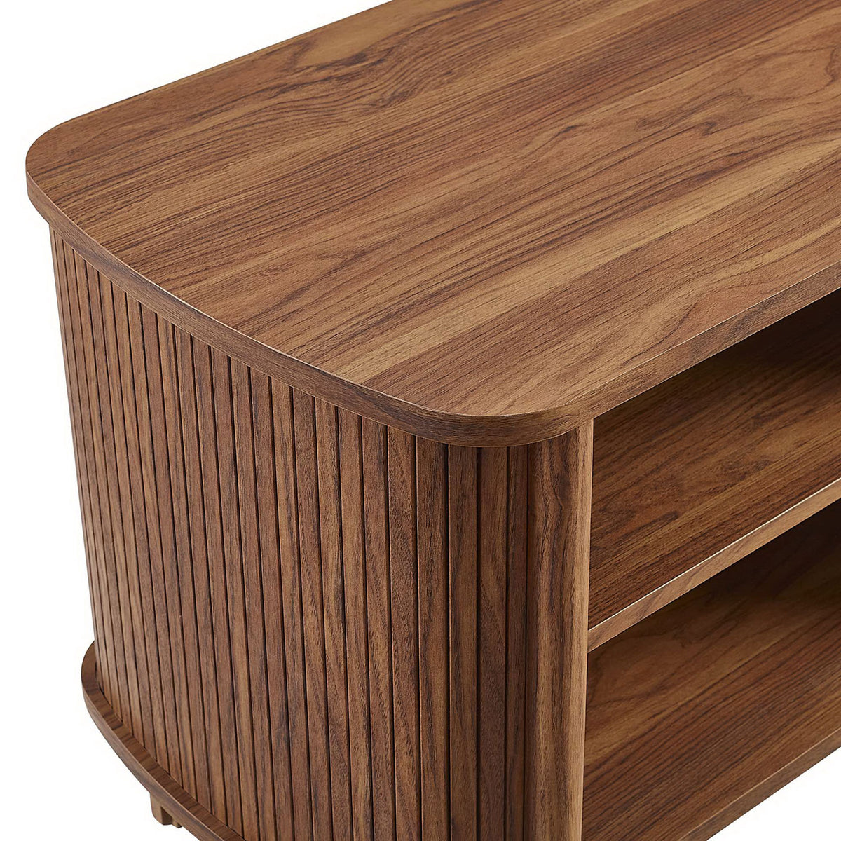 Close-up of the walnut wood grain and fluted corner detailing on the Cadence nightstand || MOD-7157-WAL || detail_studio