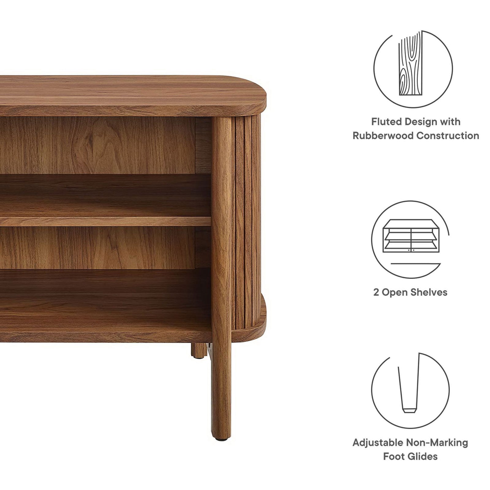 Feature diagram of the Cadence nightstand showing fluted wood design, two open shelves, and adjustable foot glides || MOD-7157-WAL || callout_studio