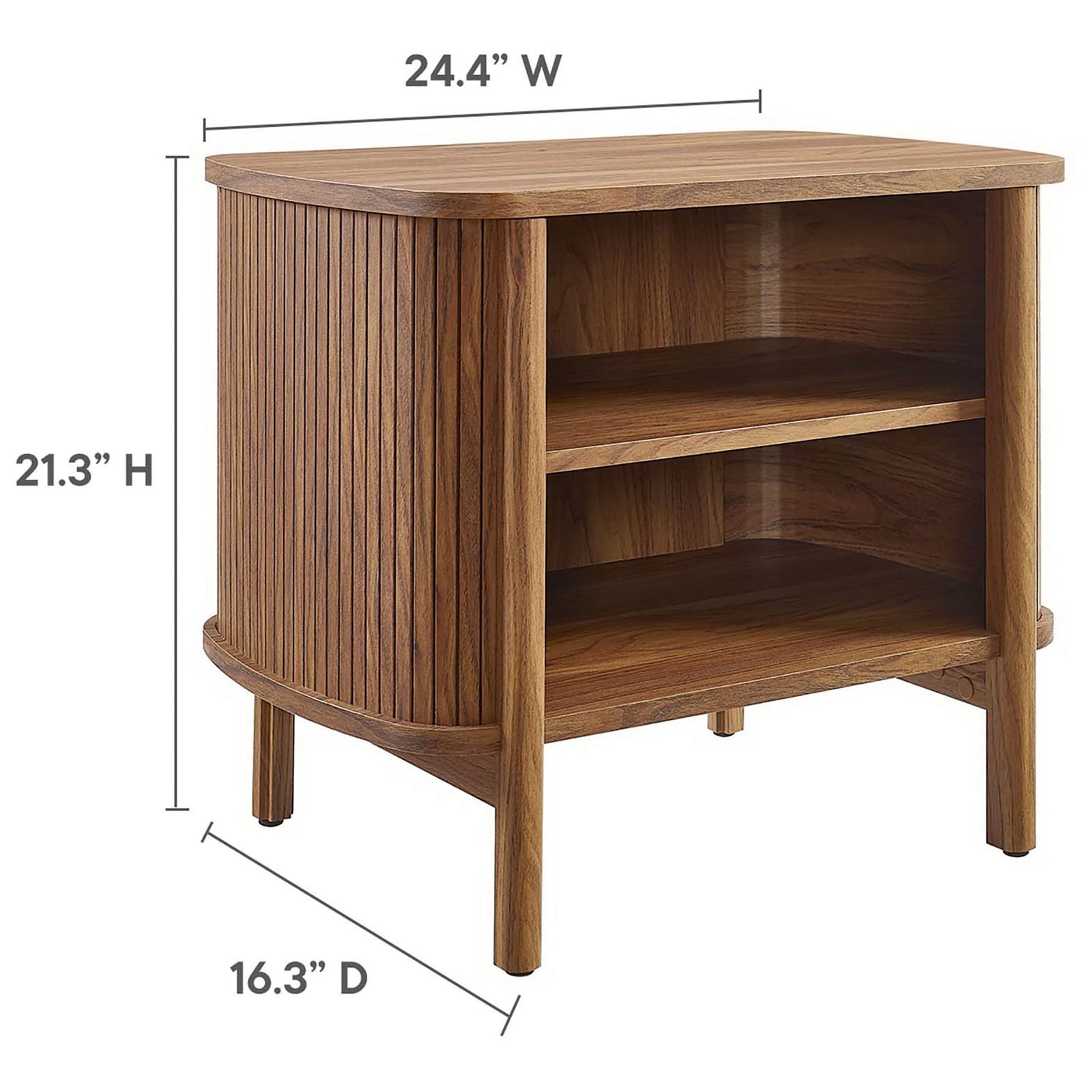 Dimension view of the Cadence walnut nightstand illustrating its compact footprint and storage height || MOD-7157-WAL || dimension_studio