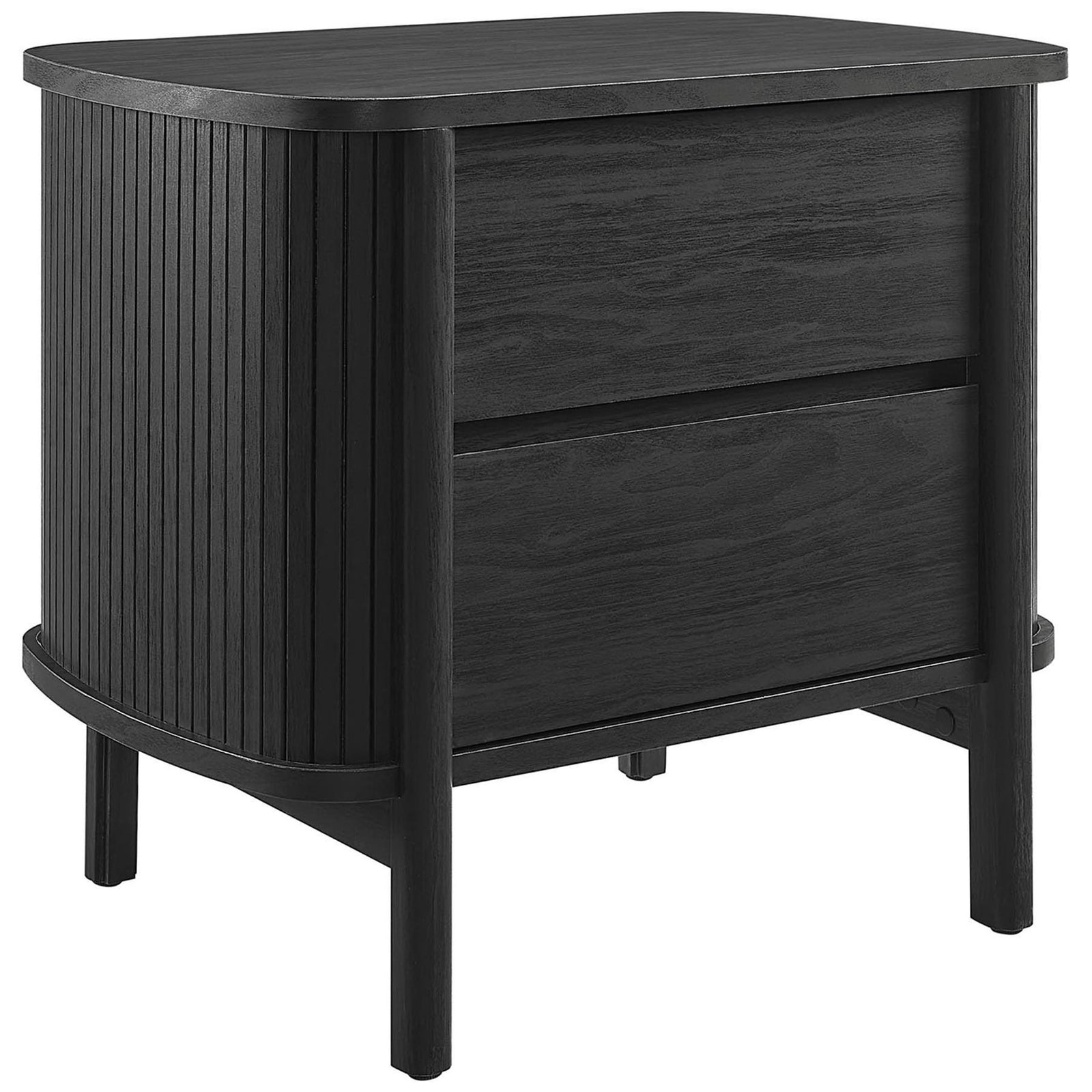 Black Cadence nightstand featuring fluted sides, smooth top, and raised legs for an airy, sculptural look || MOD-7158-BLK || front_angle_studio