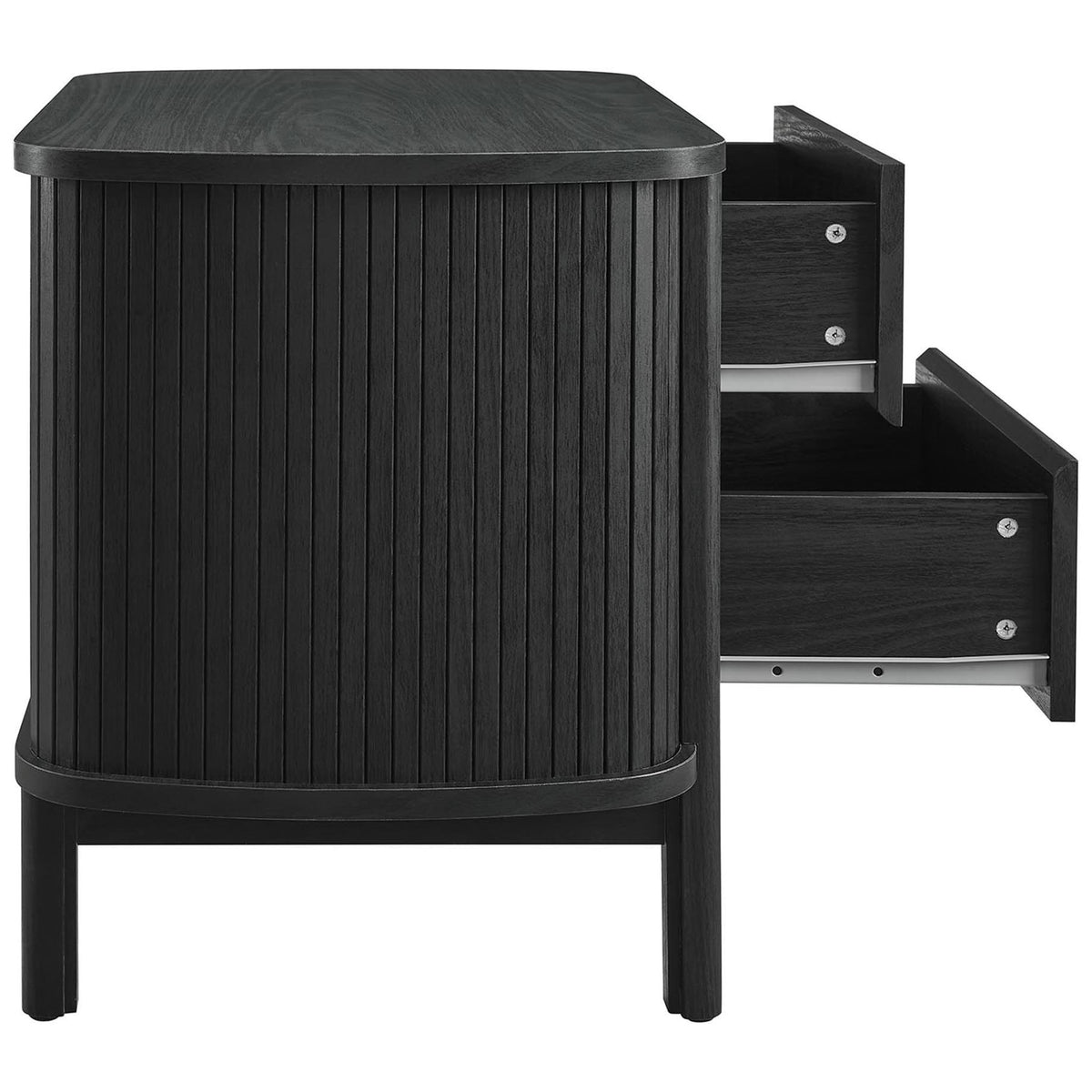 Black Cadence nightstand with two smooth-glide drawers open to reveal generous bedside storage space || MOD-7158-BLK || side_open_studio