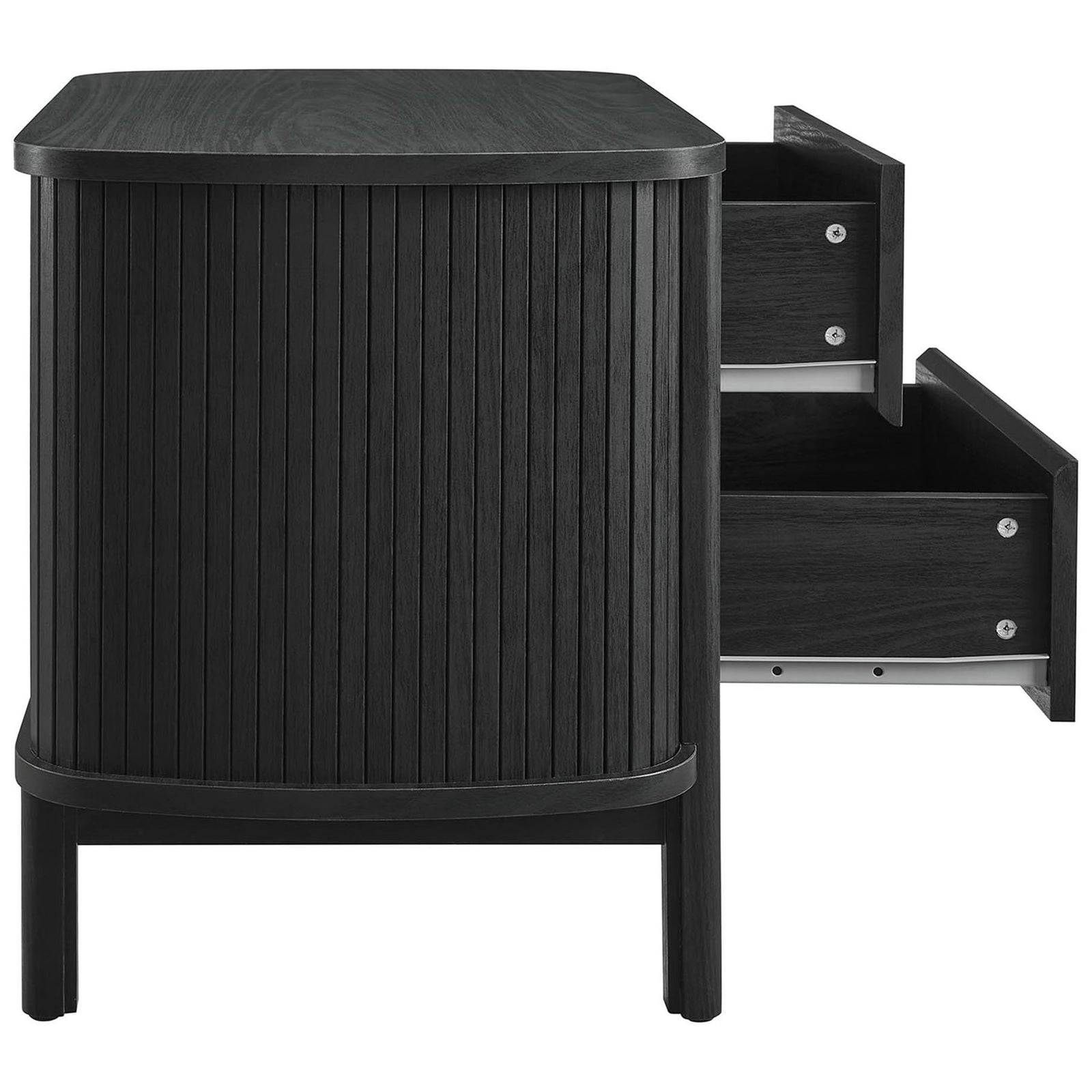 Black Cadence nightstand with two smooth-glide drawers open to reveal generous bedside storage space || MOD-7158-BLK || side_open_studio