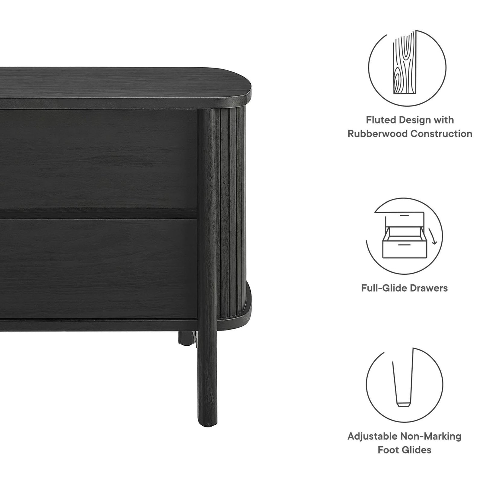 Feature graphic highlighting fluted design, full-glide drawers, and adjustable non-marking foot glides || MOD-7158-BLK || callout_studio