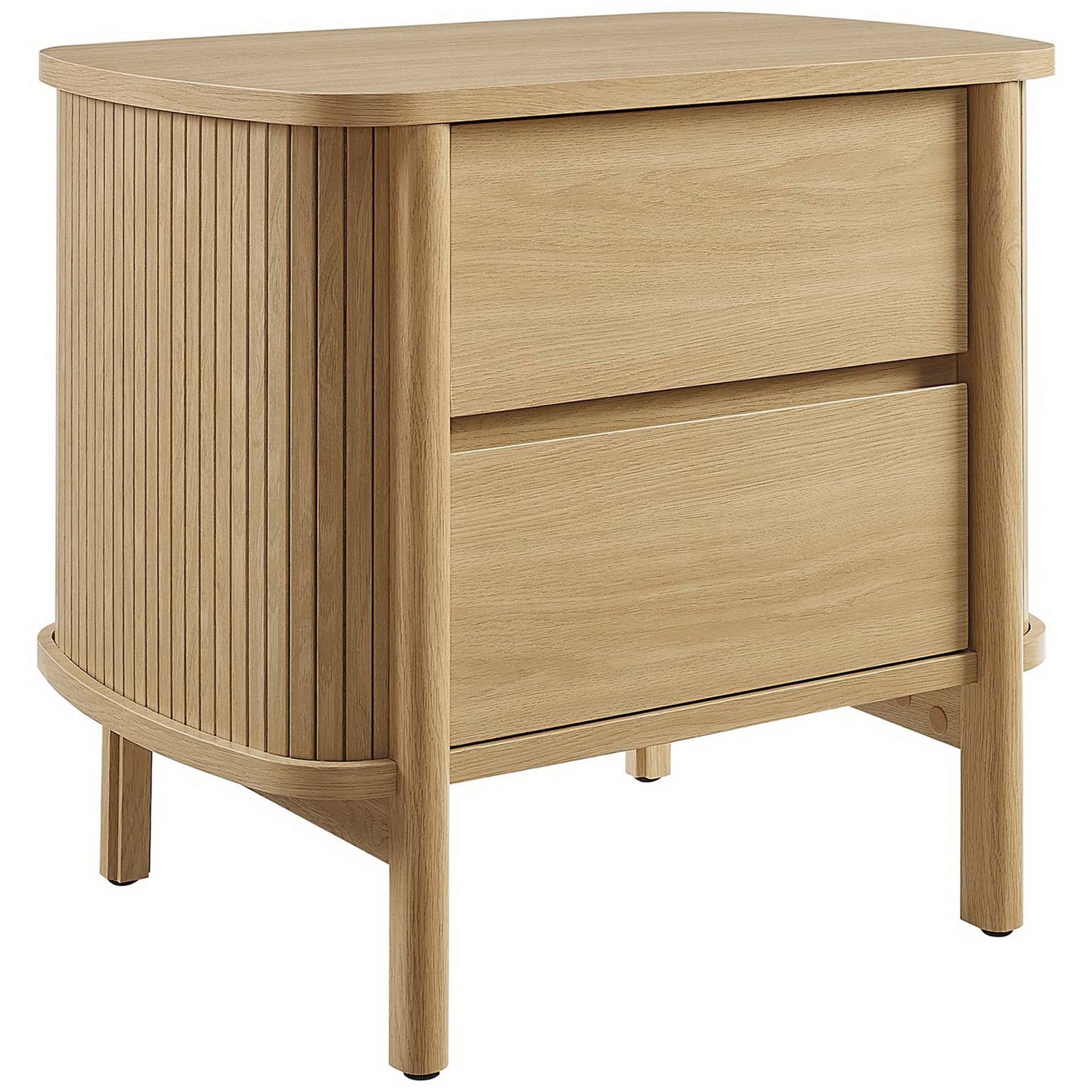 Modern oak nightstand with two spacious drawers and smooth wood grain for versatile bedside storage. || MOD-7158-OAK || front_angle_studio