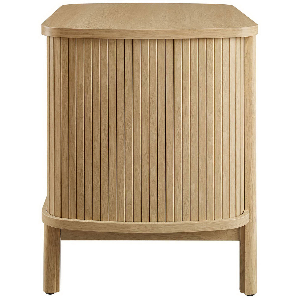 Cadence oak nightstand with curved fluted panels wrapping the side and slim round legs. || MOD-7158-OAK || side_studio