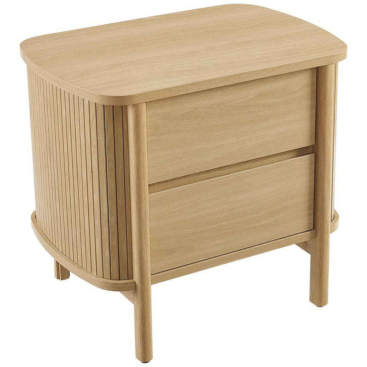 Compact Cadence nightstand with rounded tabletop and fluted oak base that saves space beside the bed. || MOD-7158-OAK || front_angle_studio
