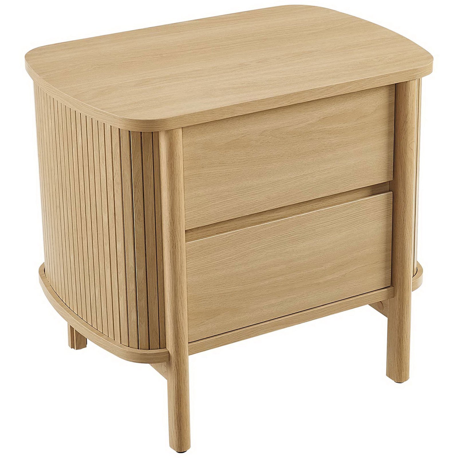 Compact Cadence nightstand with rounded tabletop and fluted oak base that saves space beside the bed. || MOD-7158-OAK || front_angle_studio