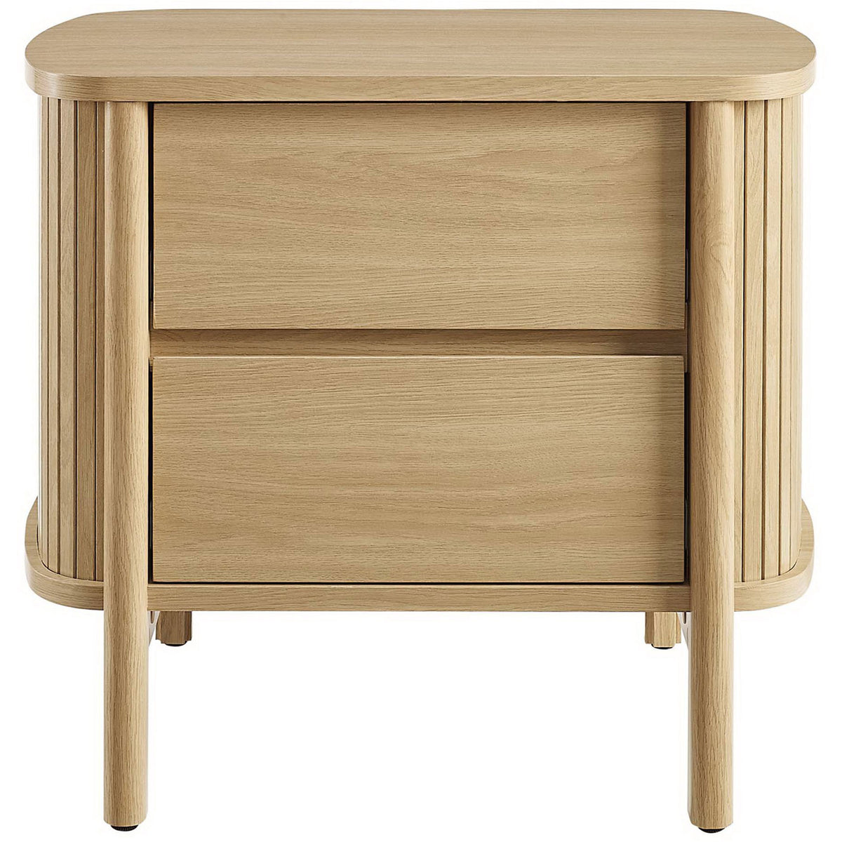 Cadence 2-drawer oak nightstand with rounded corners and fluted sides for a soft, modern bedroom look. || MOD-7158-OAK || front_studio
