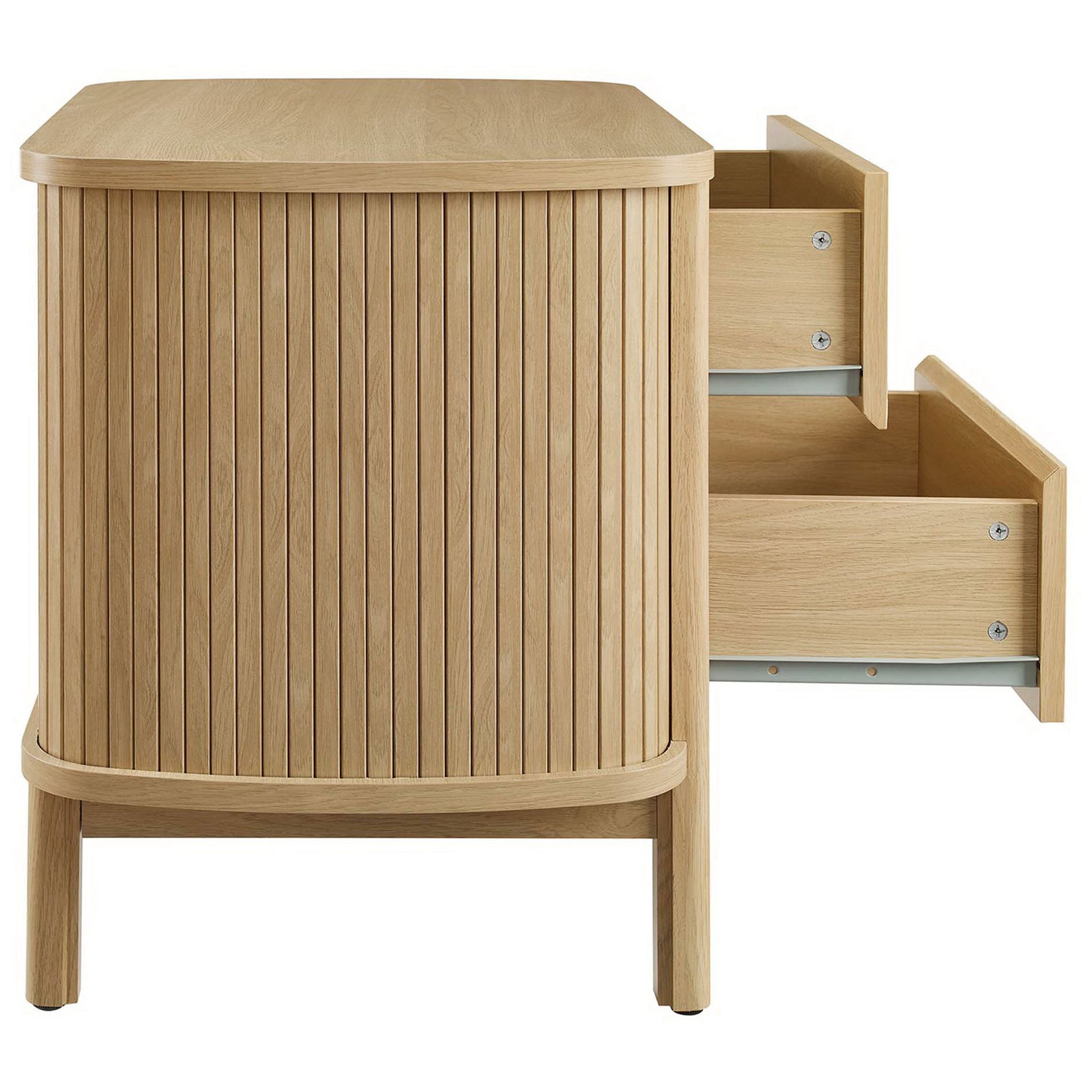 Cadence oak nightstand with both drawers open to reveal smooth-glide storage for bedside essentials. || MOD-7158-OAK || side_open_studio