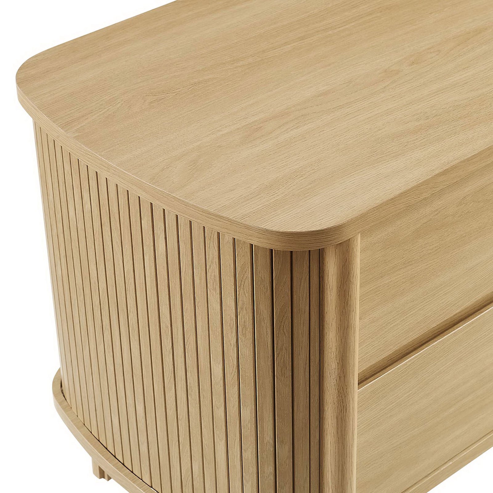 Cadence nightstand features a rounded oak top and finely grooved fluted side panels. || MOD-7158-OAK || detail_studio
