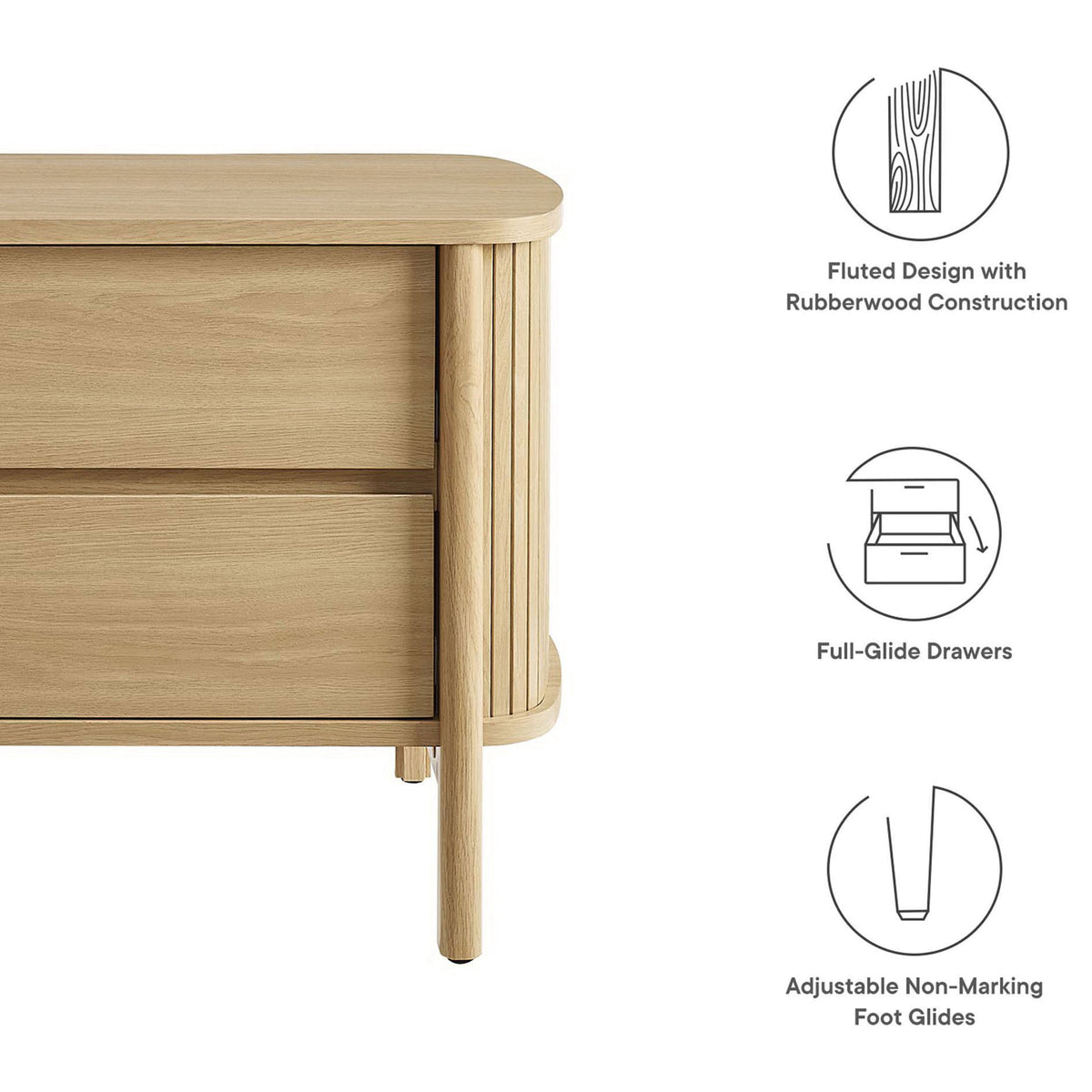 Cadence nightstand highlighting fluted wood design, full-glide drawers, and adjustable non-marking foot glides. || MOD-7158-OAK || callout_studio