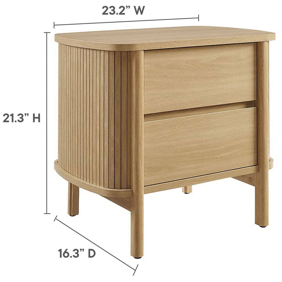 Cadence 2-drawer nightstand in oak finish shown with overall width, depth, and height measurements. || MOD-7158-OAK || dimension_studio