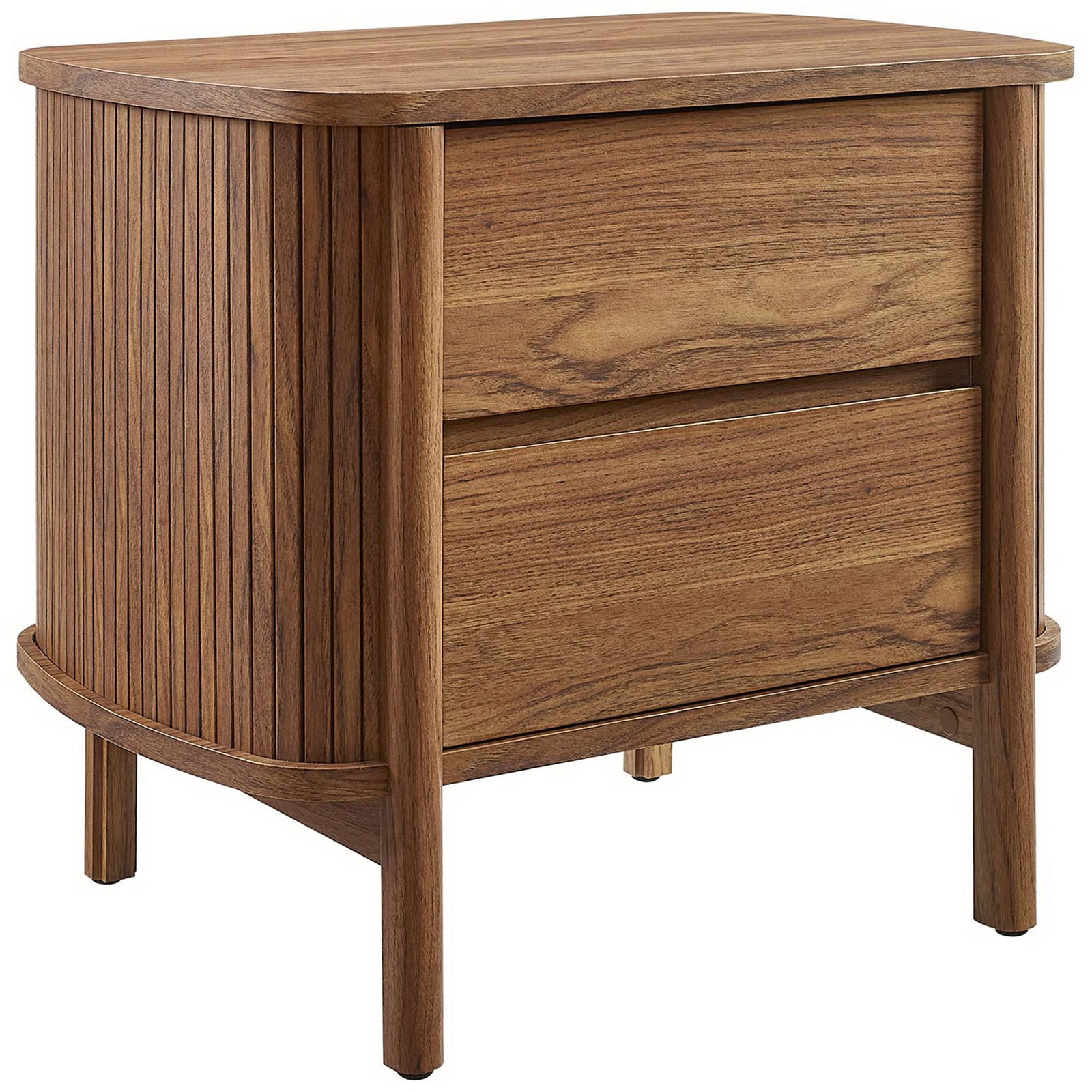 Walnut two-drawer nightstand with rounded edges and fluted sides for a warm, modern look || MOD-7158-WAL || front_angle_studio