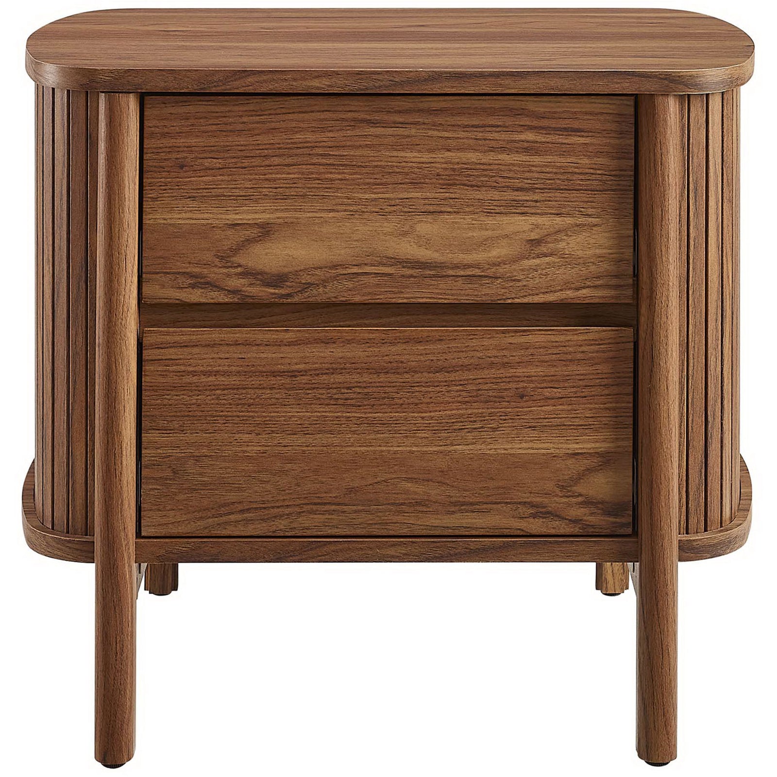 Streamlined two-drawer walnut nightstand with seamless fronts and slim round legs for modern bedrooms || MOD-7158-WAL || front_studio