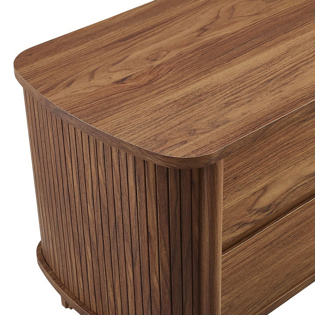 Rounded corner and fluted detailing highlight the crafted wood texture of this walnut nightstand || MOD-7158-WAL || detail_studio