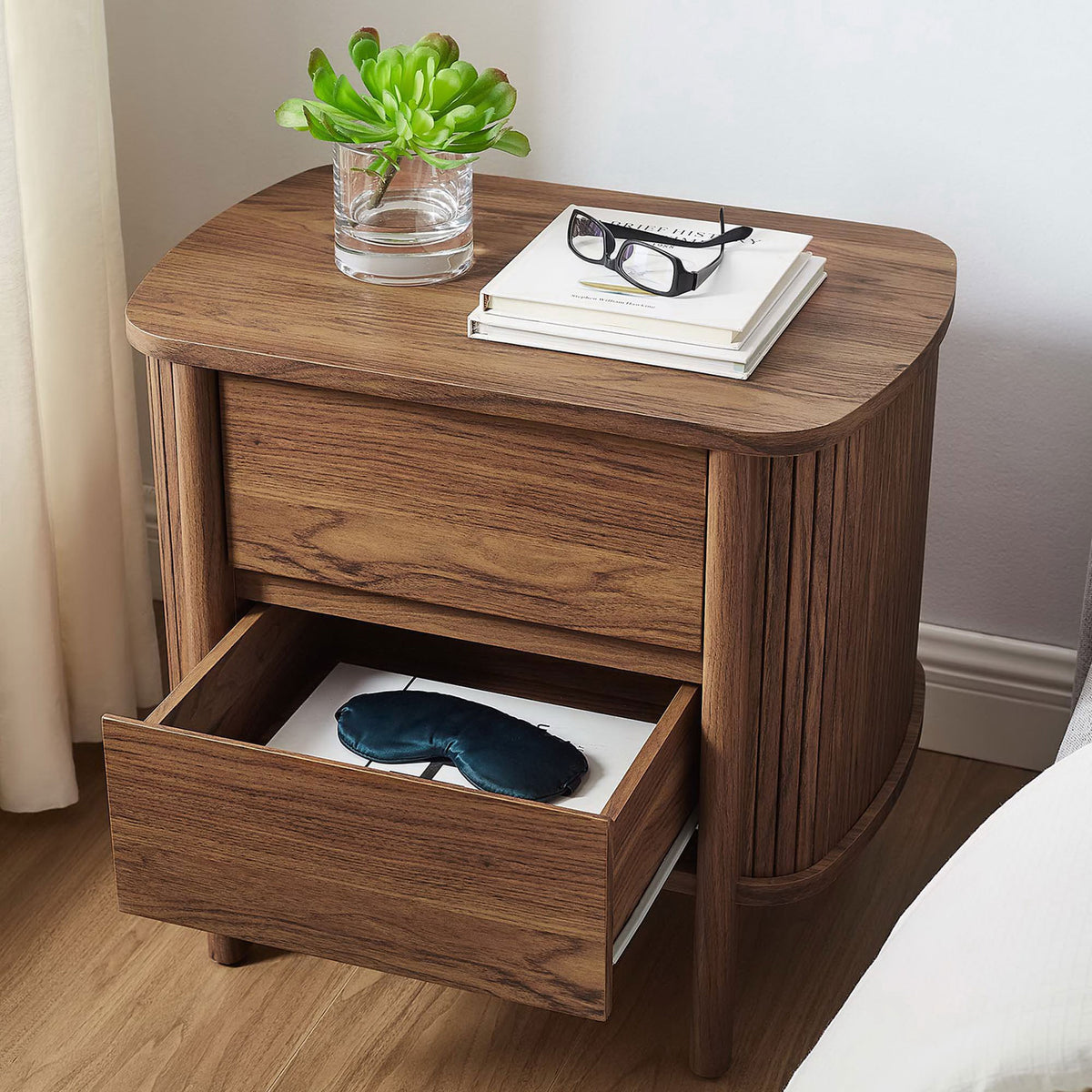 Nightstand beside the bed with an open drawer keeping sleep essentials neatly within reach || MOD-7158-WAL || front_angle_open_room