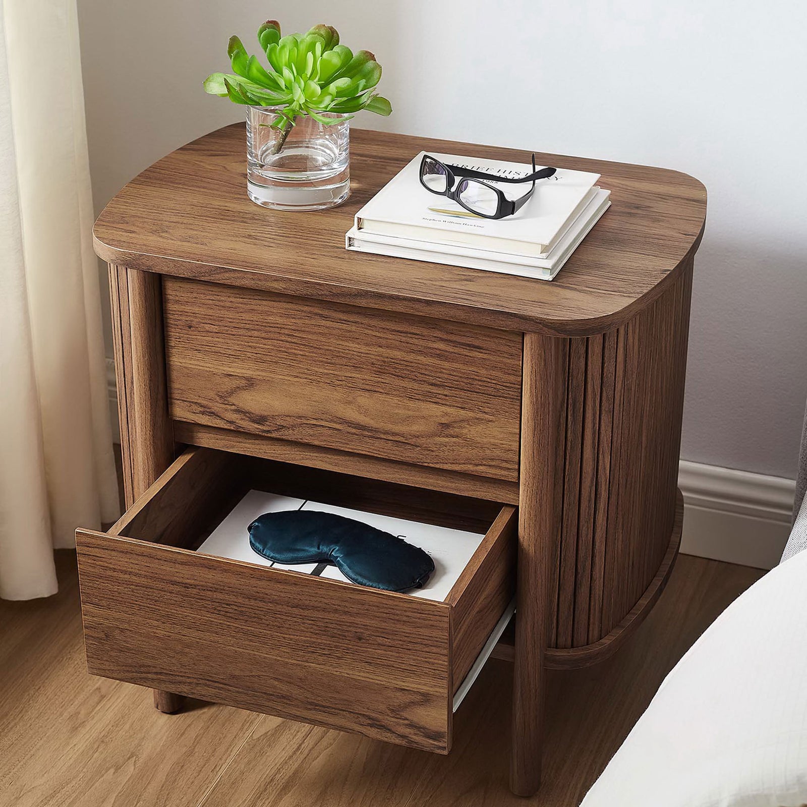 Nightstand beside the bed with an open drawer keeping sleep essentials neatly within reach || MOD-7158-WAL || front_angle_open_room